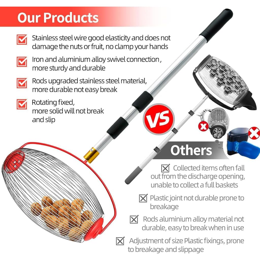 Proberos® 128cm Nut Collector, Fruit Picker for Walnuts, Fruits, Golfball, Tennis Ball, Telescopic Pole Labor Saving Rolling Gatherer Tool