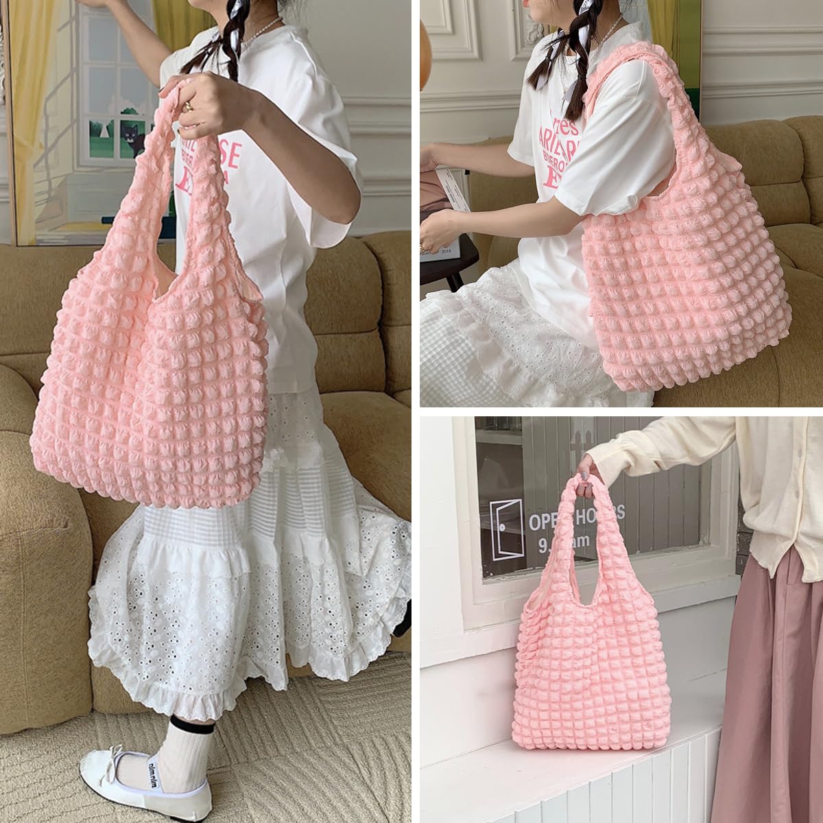 PALAY Puffy Shoulder Bag for Everyday Use with Soft Quilted Design 39x30cm Pink Handbag