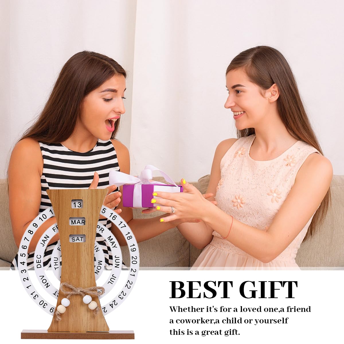 OFIFO Wooden Perpetual Calendar for Desk with Rotating Ferris Wheel Design | Rustic Home Decor