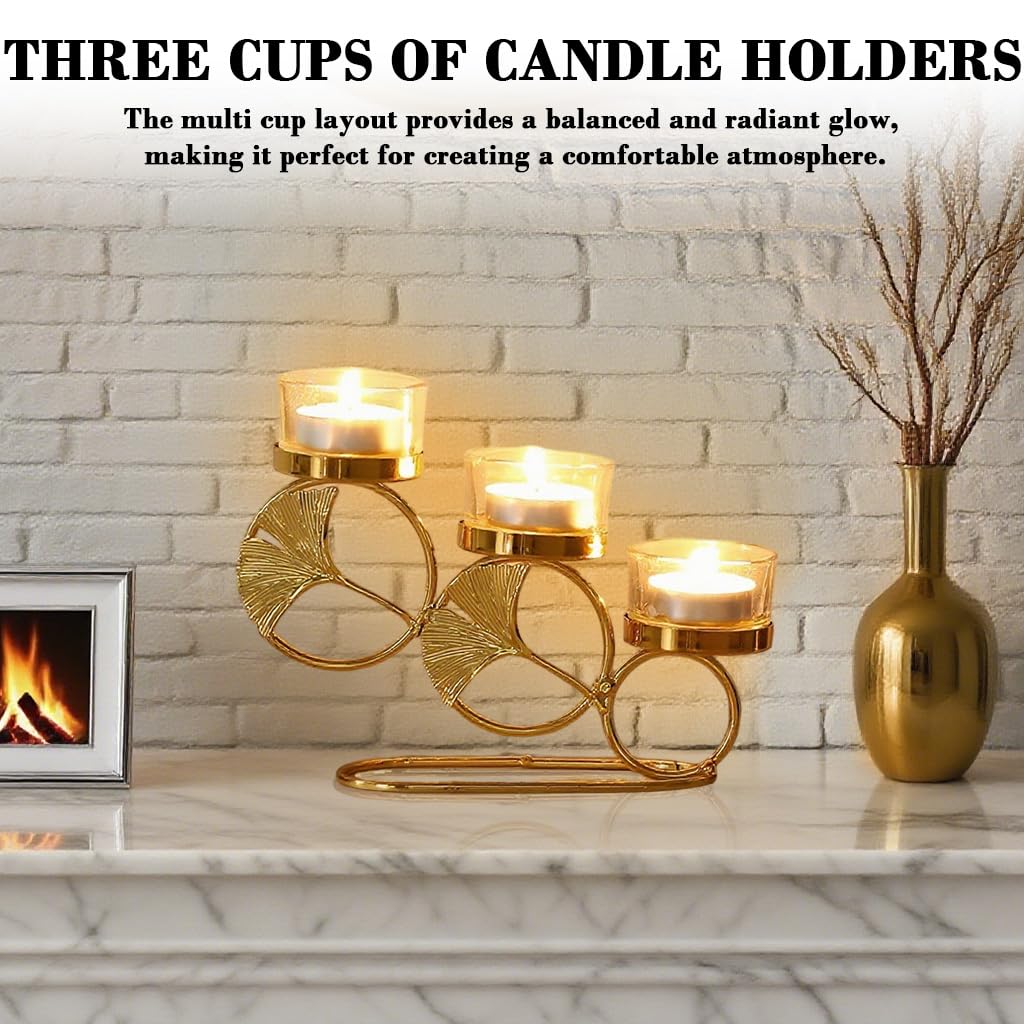 HASTHIP Candle Holder Stand for Home Decor with Three-Cup Design and 7.84x4.72 in Size | Golden Ginkgo Metal Tealight Display