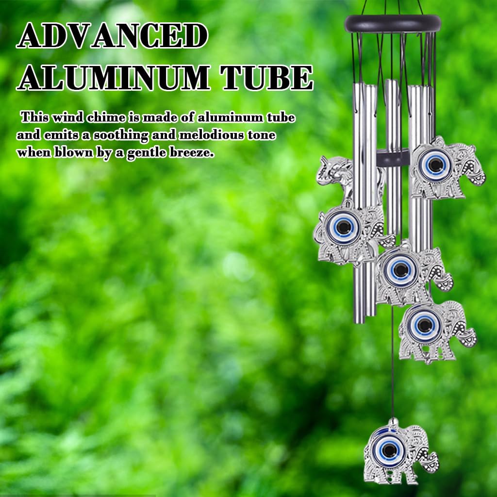 HASTHIP Evil Eye Elephant Wind Chimes for Home Décor with 25 in Aluminum Tubes | Blue Charm for Positive Energy