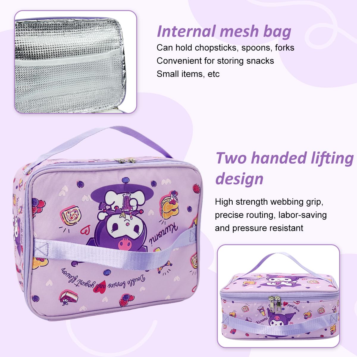 HASTHIP Cotton Kuromi Insulated Bento Box Lunch Bag 11.4x8.3x3.9 in with Dual Handles for Work and School | Waterproof Purple Bag for Kids and Adults