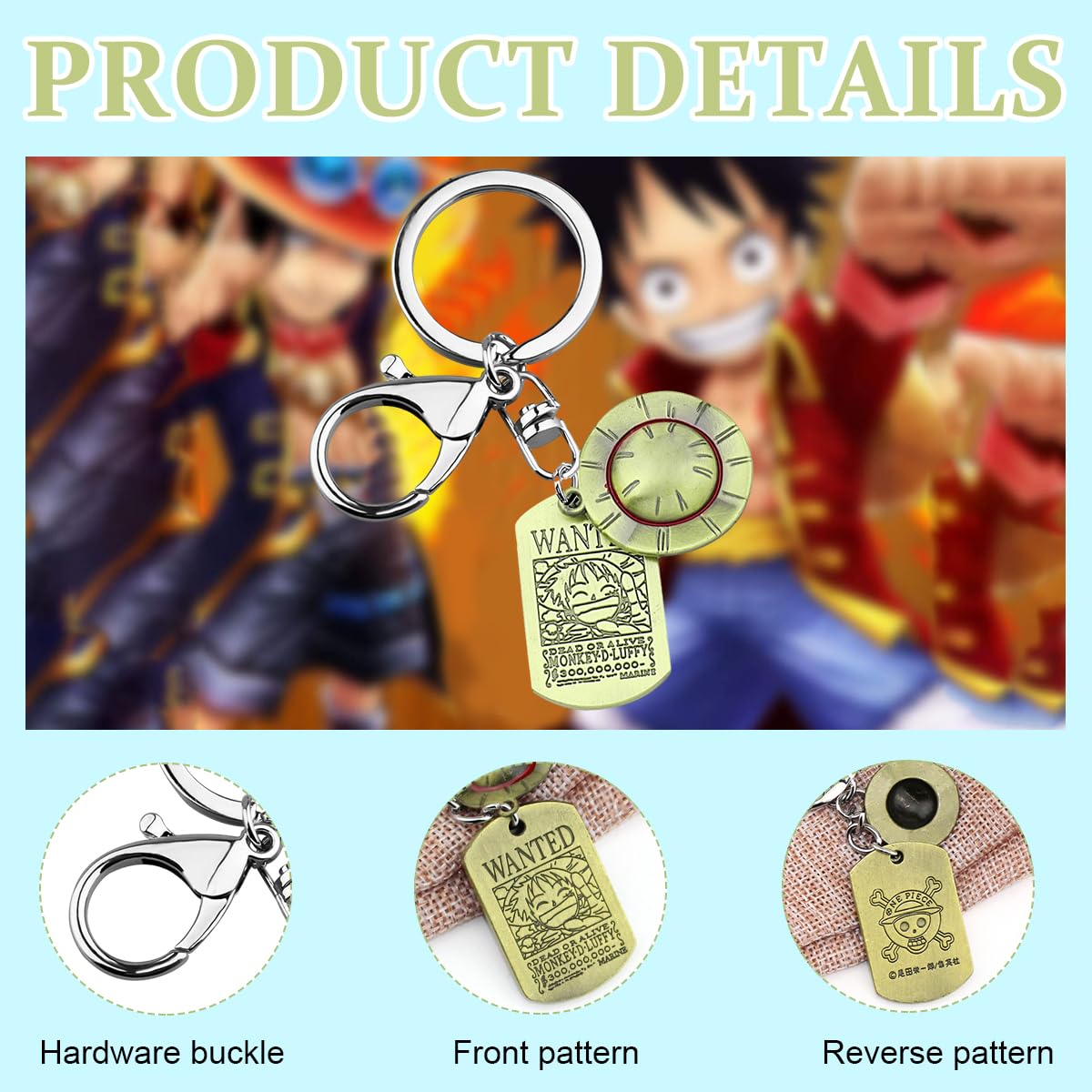 HASTHIP Anime One Piece Keychain featuring Monkey D Luffy Wanted Poster and Straw Hat Pendant