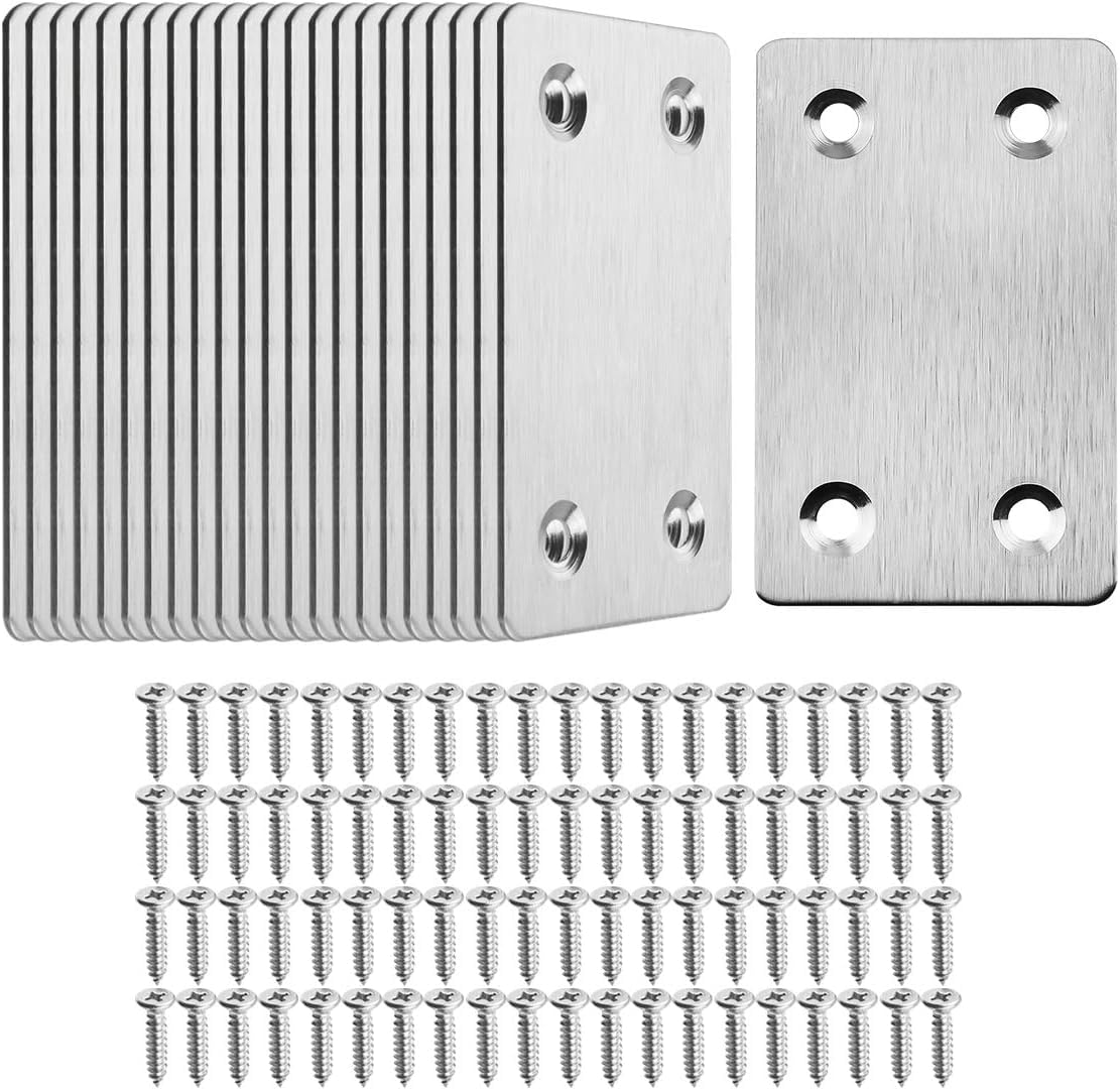 Serplex® 20Pcs Furniture Mounting Plates 1.3mm Thickness Stainless Steel Backplates with Screws Pack, 2.4inch x 1.5 inch Pre-Punched Flat Metal Brace Bracket for Cabinet, Shelf, Wooden Craft