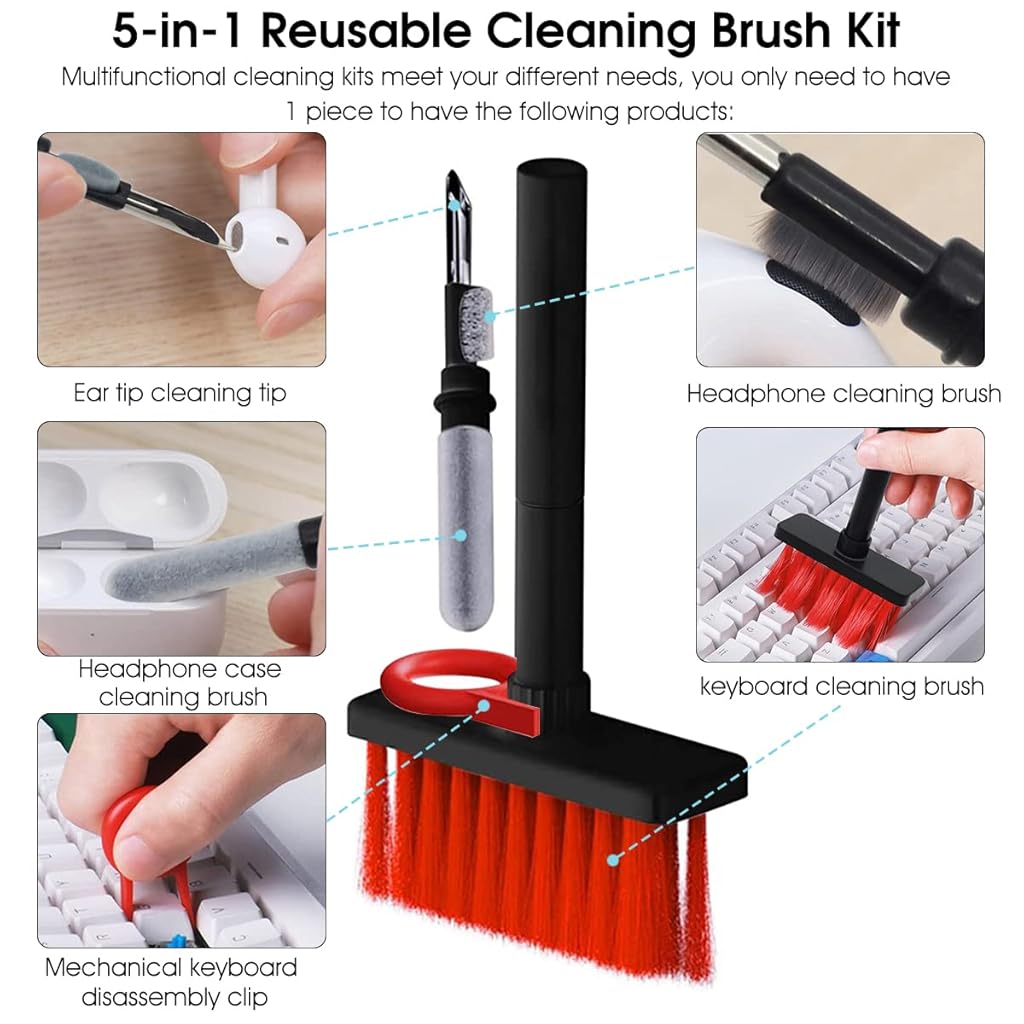 ZORBES® 5 in 1 Reusable Cleaning Brush Kit for Earbud,Keyboard,Earbud Case Including Nylon Bristles, Flocking Sponge, High-density Brush, Metal Pen Tip and Keycap Puller-Black