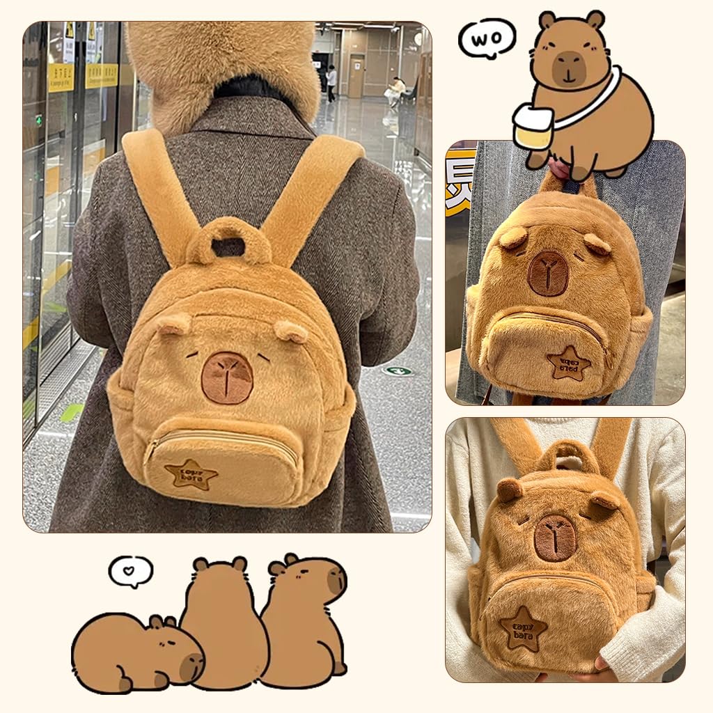 Climberty Cute Capybara Bag for School and Travel with Dual Zipper Pouches | Soft Plush Backpack for Girls