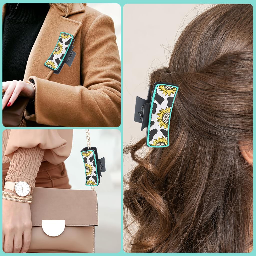 PALAY Hair Claw Clip for Women with Leather Sunflower Print and Secure Grip | Black 4 in