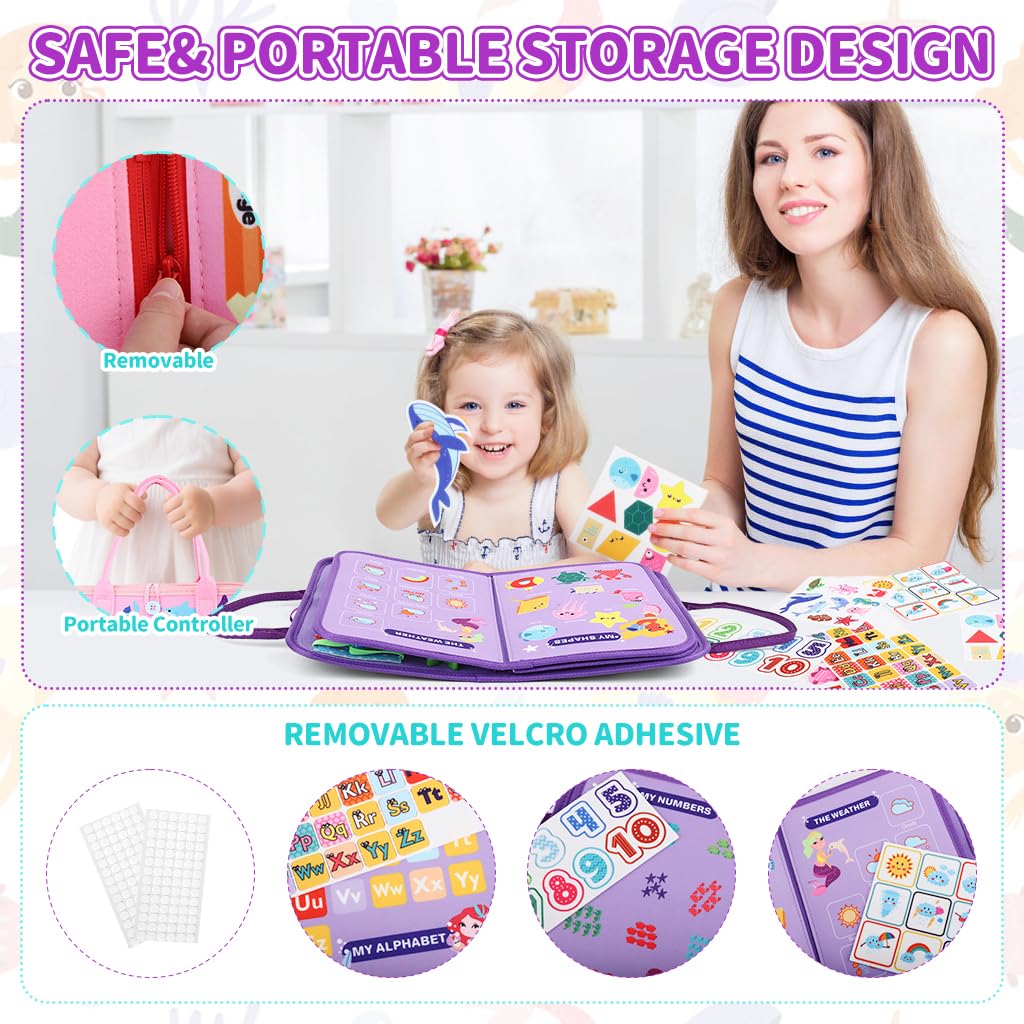 SNOWIE SOFT Mermaid Busy Board for Toddlers 1-3 with 8 Activity Pages and Folding Handbag Design