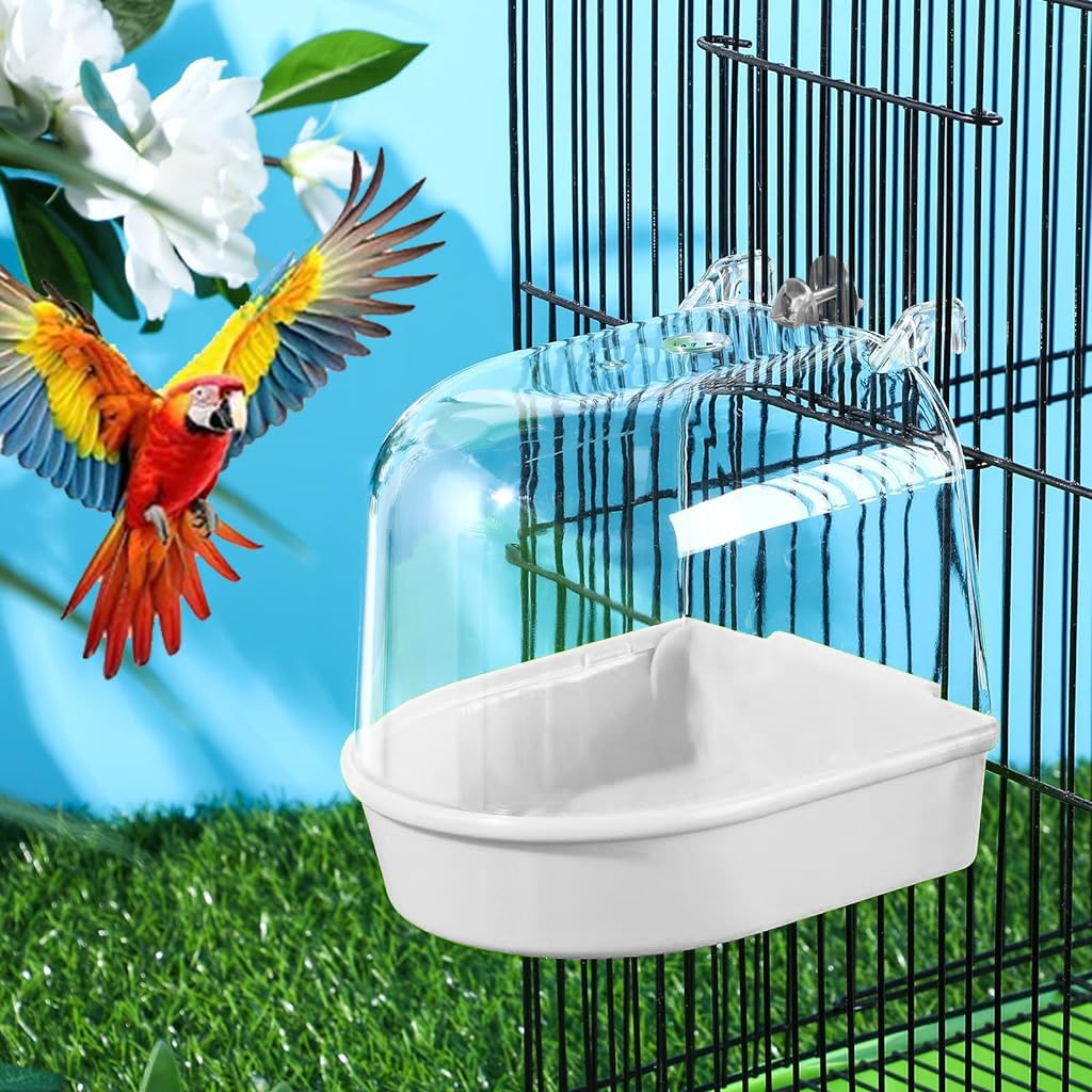 Qpets® Bird Bathing Box for Cage Clip On Bird Bathing Bowl with Transparent Roof, Anti-Splash Bird Bathing Tub Plastic Bird Bathing Box for Cage with Water Inlet Hole (14 * 14 * 13CM)