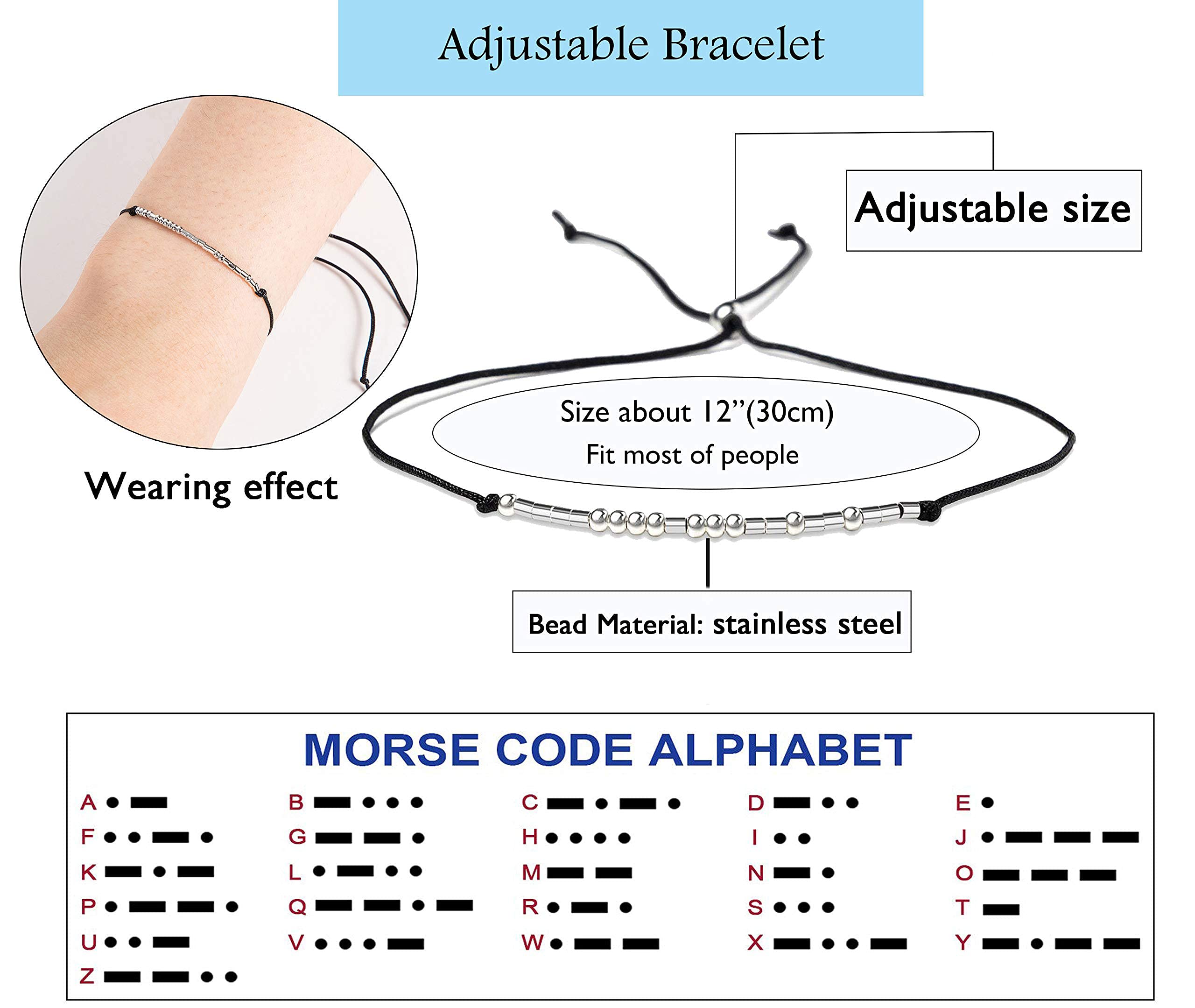 Zibuyu Couple Bracelet for Women and Men featuring Adjustable Morse Code Design 6PCS | Stainless Steel and Soft Rope Gift Set