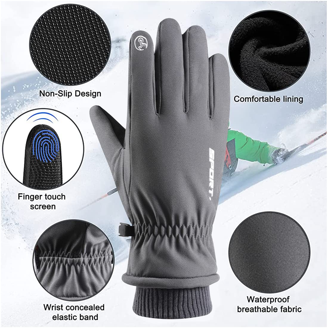 ZIBUYU Winter Gloves for Men Women Adult Warm Bike Riding Gloves Touch Screen Finger Microfiber Anti-Slip Design Windproof Waterproof Snow Ski Gloves Hand Gloves (Grey)