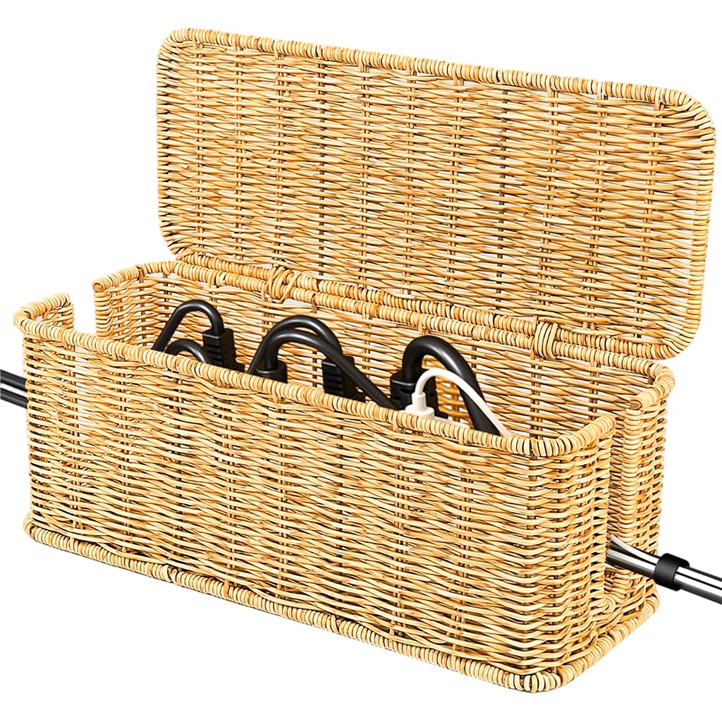 OFIFO® Cable Organizer Holder, Rustic Realistic Rattan Woven Cable Organizer Box with Lid, Dual Side Open Slots Design, Decorative Desk Cable Storage Holder, 31.5x13x13cm
