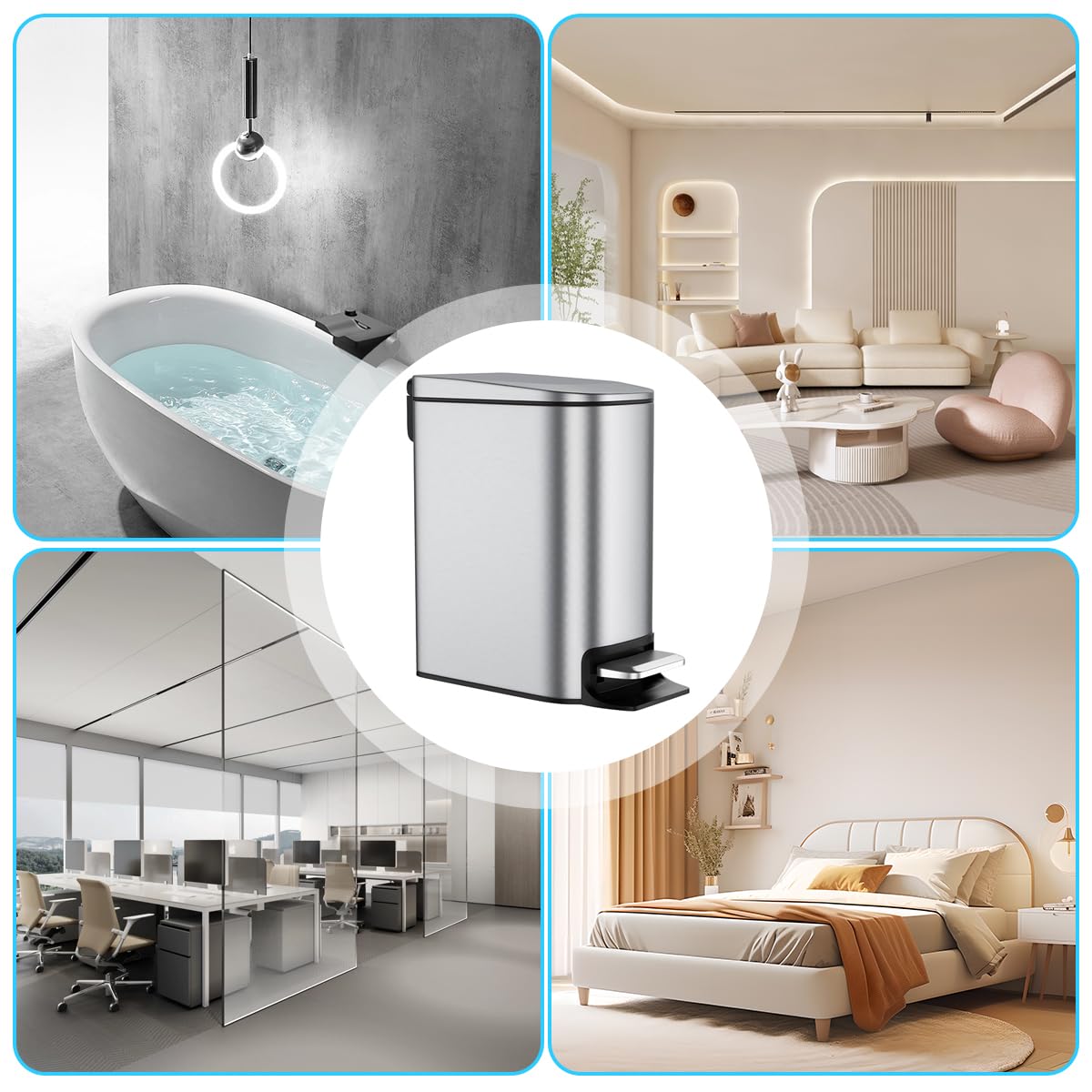 HASTHIP Slim Bathroom Trash Can for Small Spaces with Soft Close Pedal Lid 6 L Stainless Steel Bin