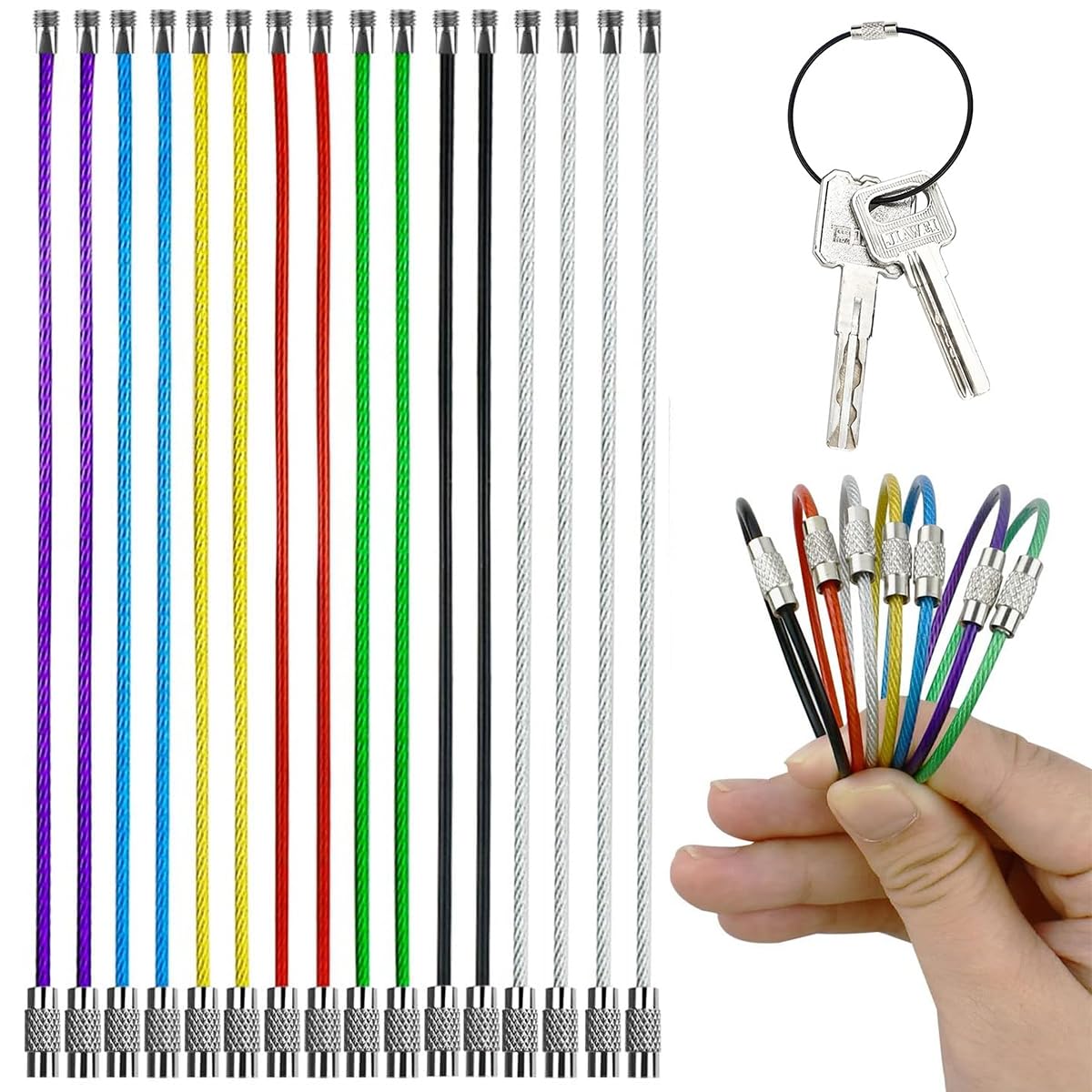 PALAY® 16 Pcs Stainless Steel Keychain, 1.5mm Coated Wire Keychain Cable Large Key Rings for Luggage Tags, Key Tags, Keyrings, Kitchen Utensils, Multicolour(15cm*1.5mm)