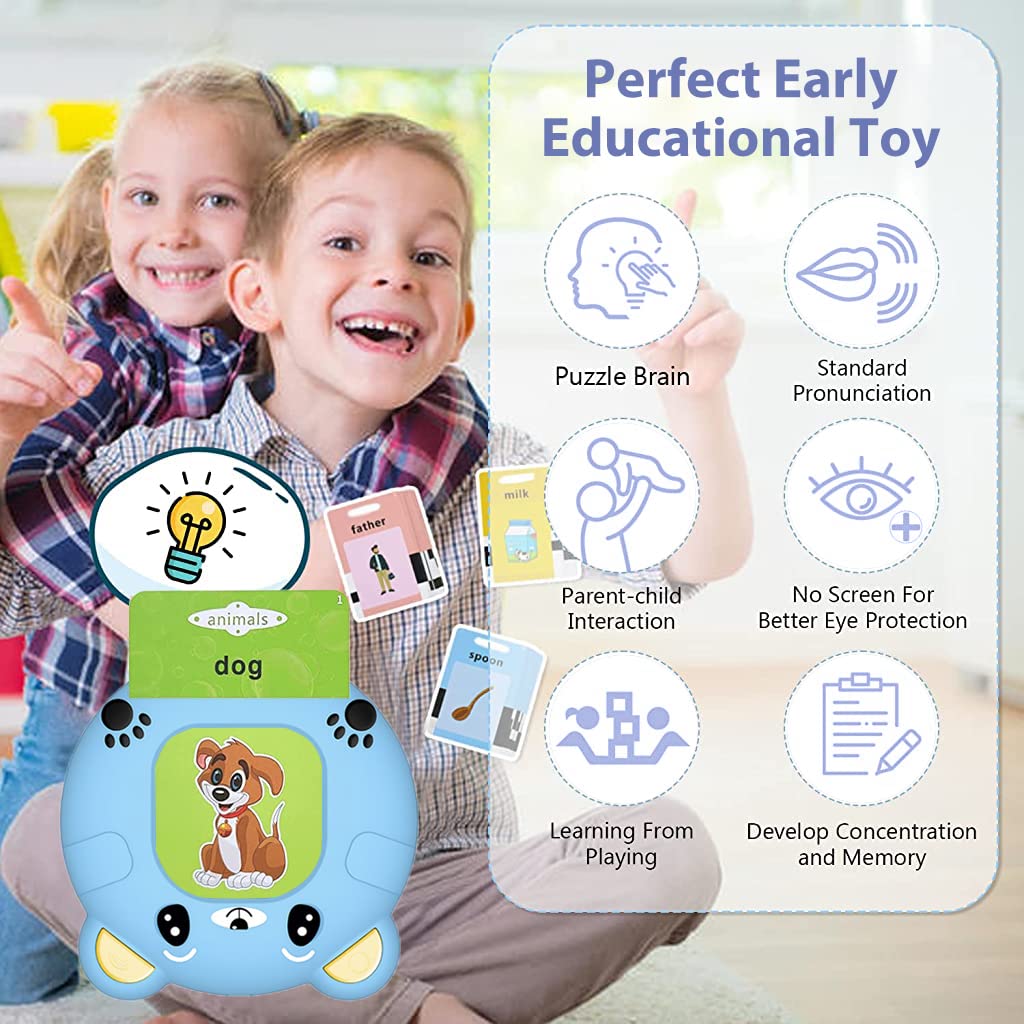 PATPAT Talking Flash Cards Learning Toys, English Words Learning Machine for Kids, Blue Bear Reading Machine with 112 Sheet Flash Cards Gifts for Preschool Kids Boys Girls Toddlers Age 3 4 5 6 7 8