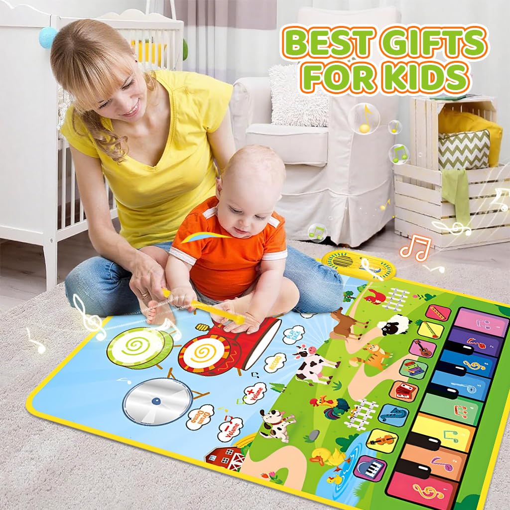 PATPAT 2 in 1 Drum & Piano Keyboard Musical Mat with Touch Sensitive Design 90×70CM for Toddlers | Ecofriendly Foldable Baby Music Toy