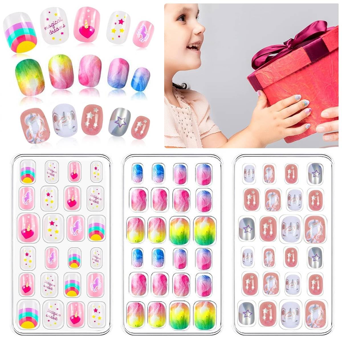 MAYCREATE Children Press On Nails Kit with 72 Pcs Cartoon Designs for Kids Girls | ABS Plastic