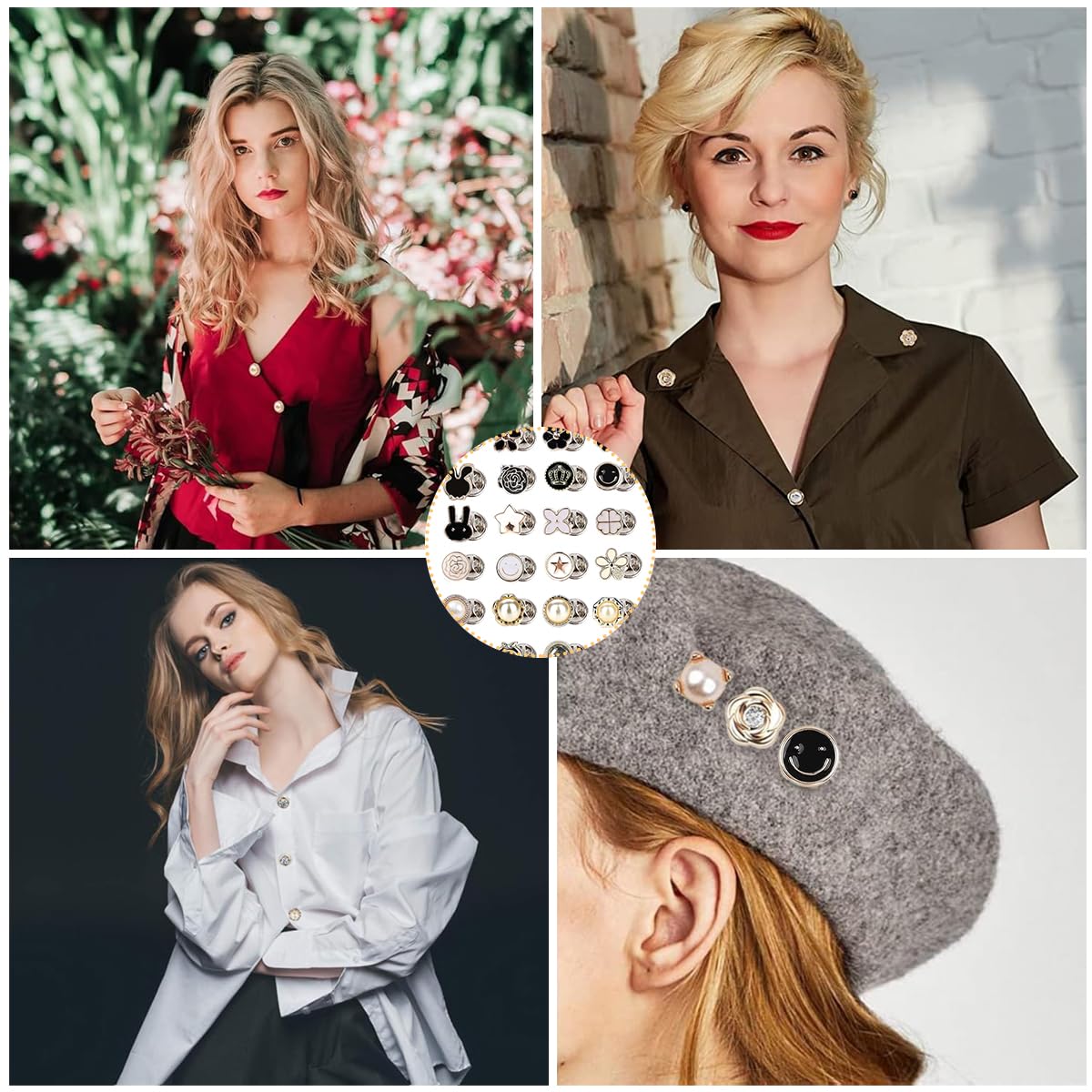 Venzina Pearl Safety Pin Flower Shirt Buttons for Hijab and Scarf | 30pcs Alloy No‑Sew Brooch Pins