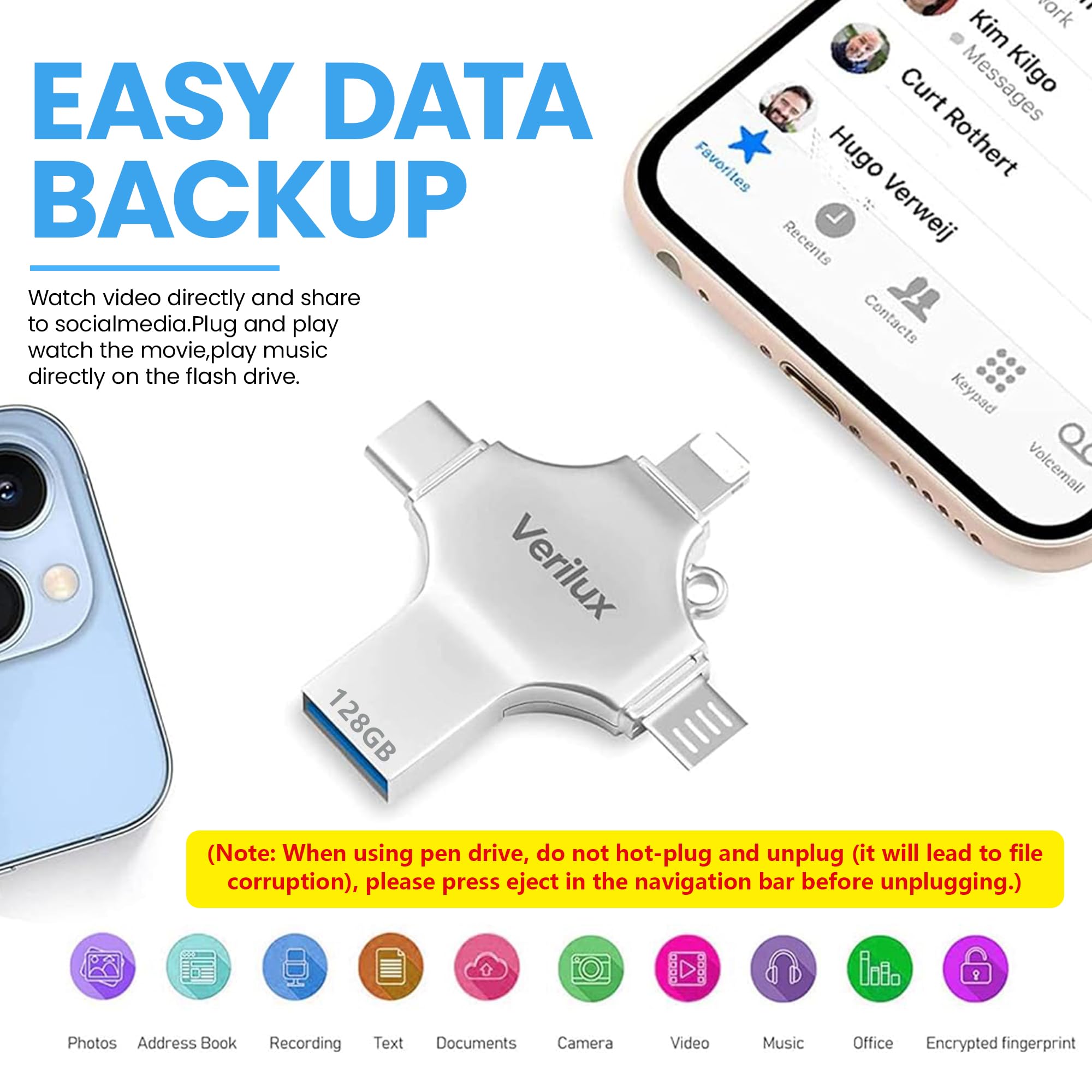 Verilux Pendrive 128GB for iPhone and Android featuring 4 in 1 USB Connectors and Metal Body