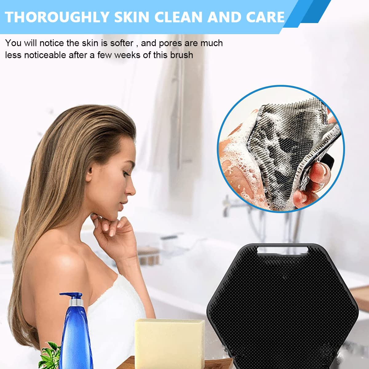 MAYCREATE Silicone Body Scrubber for Shower with Double Side Bristles and Grip Design | Purple