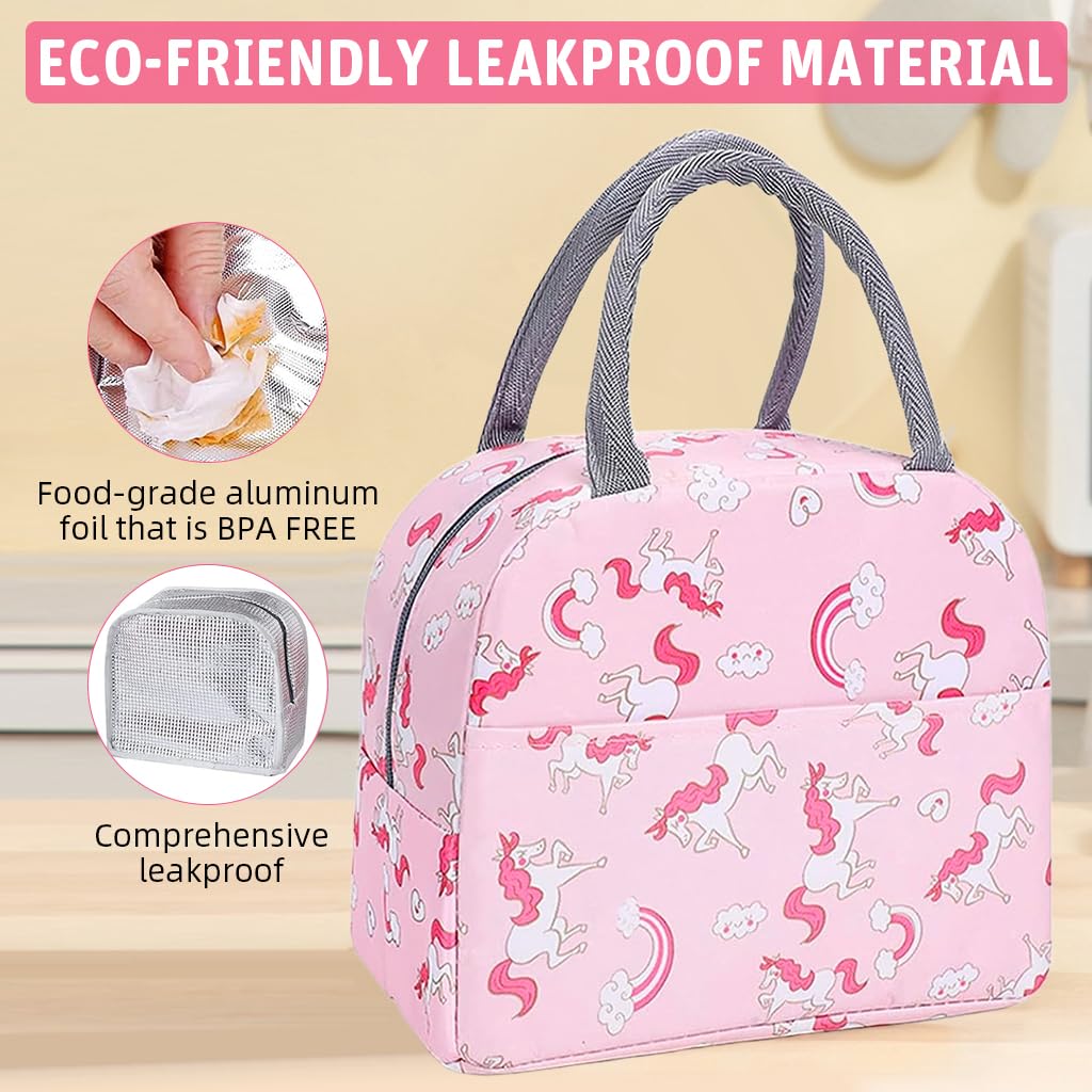 Zibuyu Nylon Lunch Bag for School and Office with Leak Proof Insulation | 21x11x19 cm Pink Unicorn