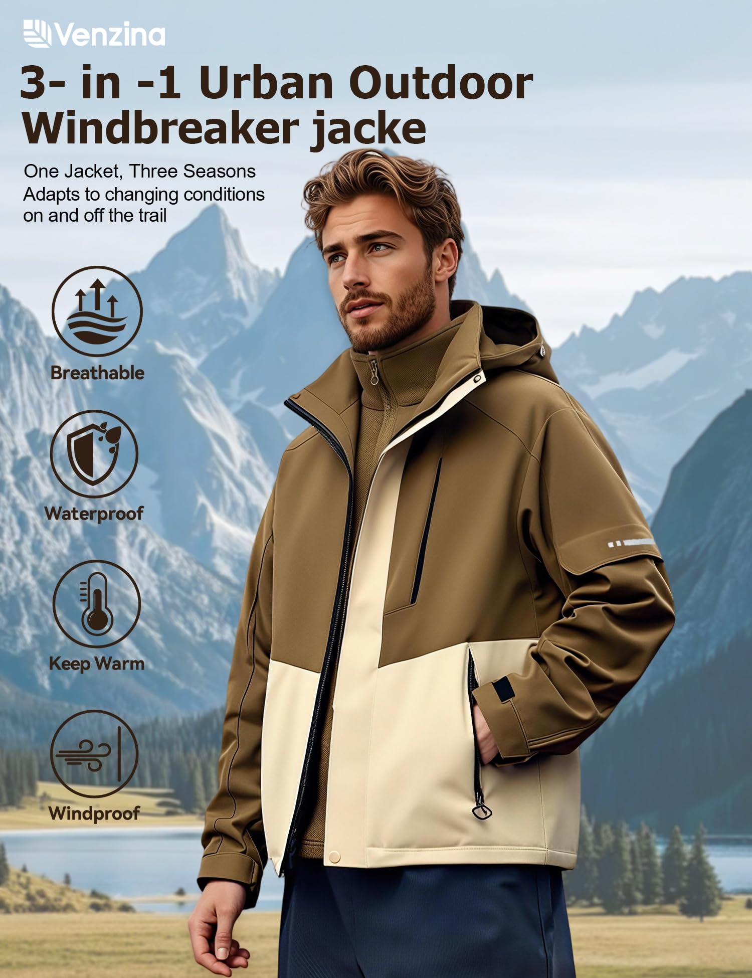 Venzina Men's 3 in 1 Outdoor Hiking Jacket for Winter Sports with Detachable Fleece Liner | Waterproof Windproof Army Brown Coat
