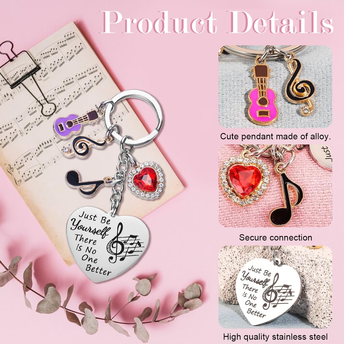 HASTHIP Keychain for Women featuring 1.38 in Heart Pendant with Silicone Guitar Charm | Gift for Girls and Friends