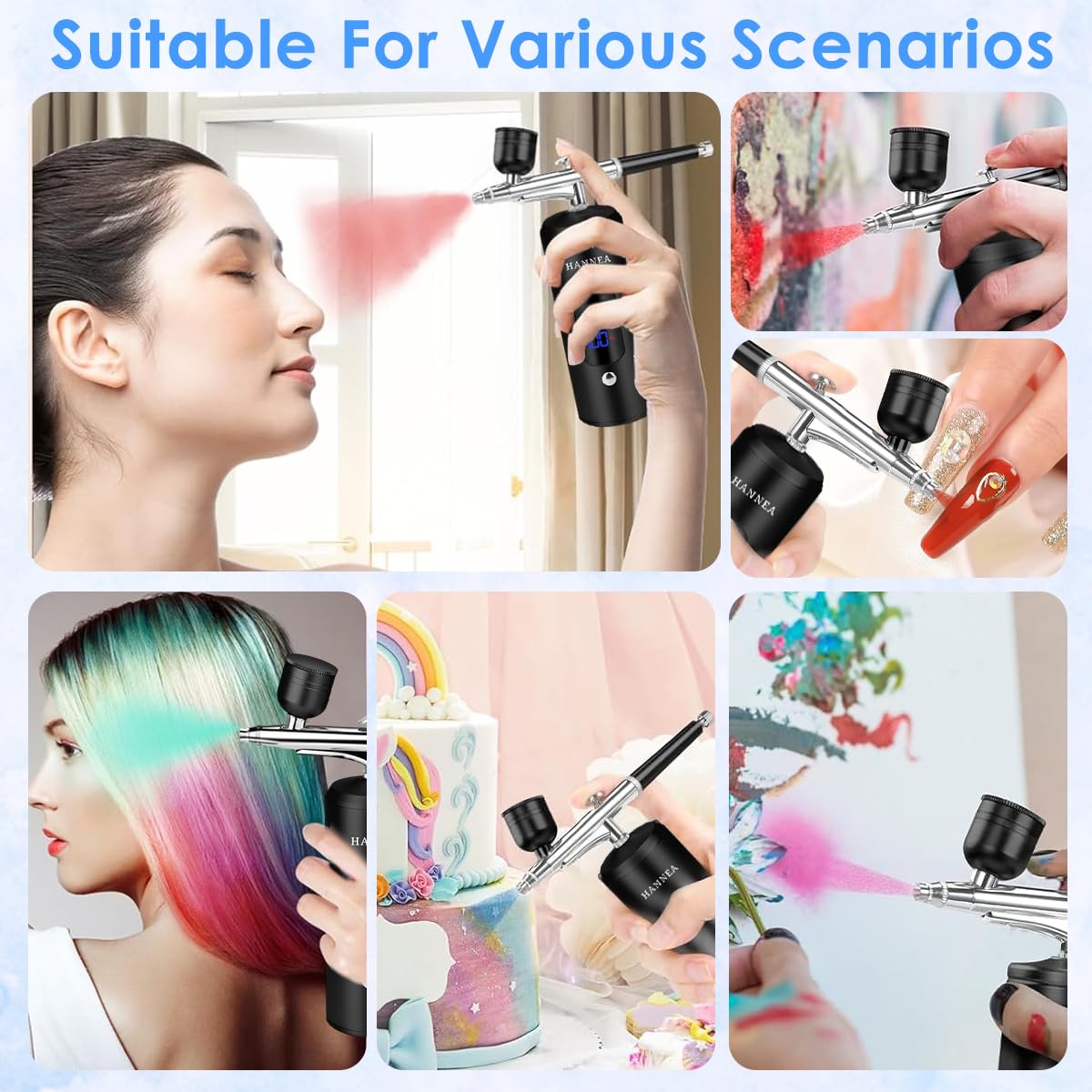 HANNEA Airbrush Kit for Painting and Makeup with 0.3mm Nozzle and 3 Pressure Levels | Rechargeable LCD Spray Gun
