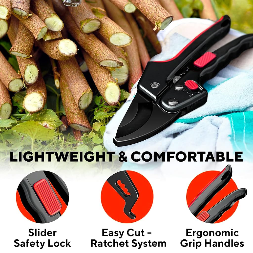 HASTHIP® Gardening Scissor with Safety Lock, Labor Saving Pulley Stainless Steel SK5 Blade Garden Snip, Garden Shears Sharp Cutter Pruners Scissor for Lawn, Garden & Potted Plants