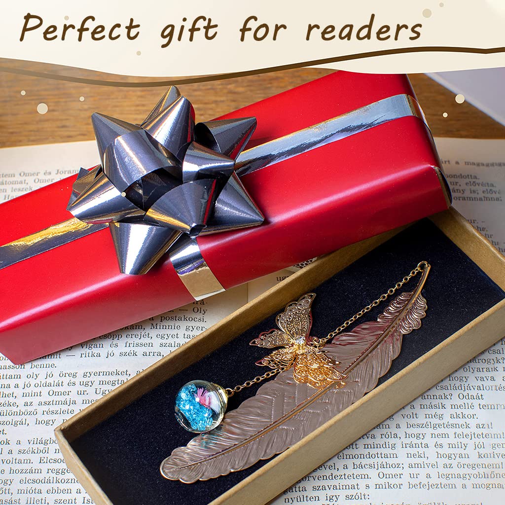HASTHIP Metal Feather Bookmark for Reading Enthusiasts with 3D Butterfly Pendant and Glass Beads | Vintage Gift Set 2PCS