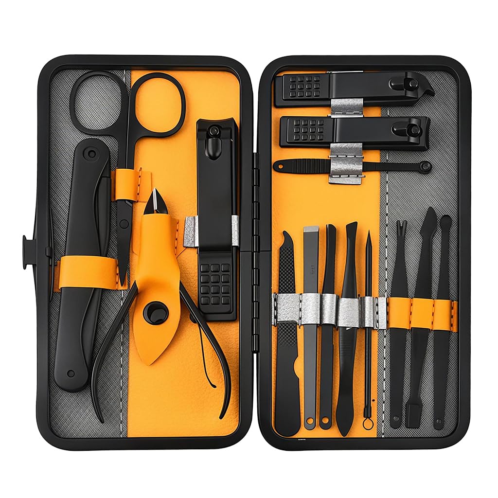 ZIBUYU Manicure Pedicure Kit with 15 Pcs Ergonomic Tools and Black Leather Case for Travel