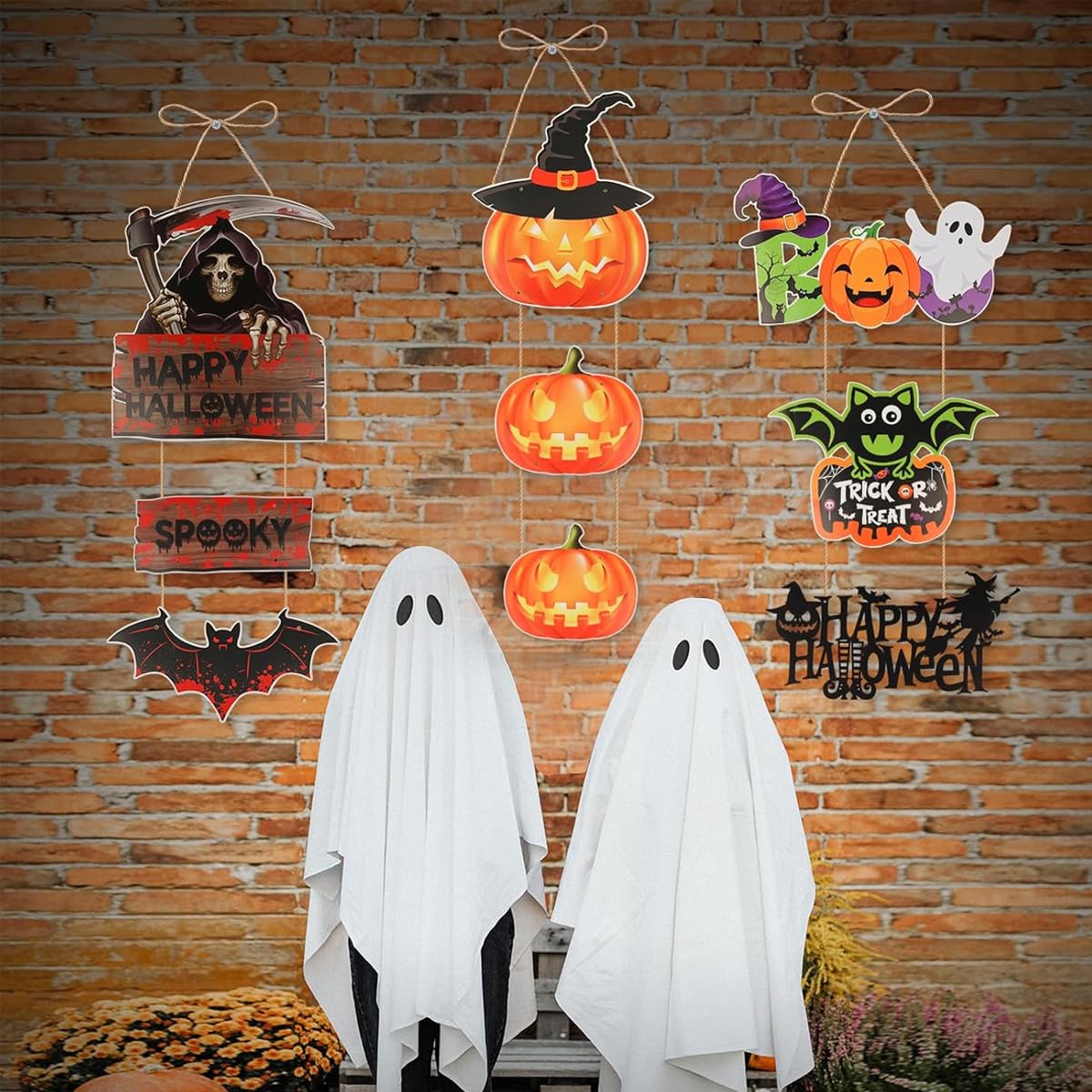 HASTHIP Halloween Wall Hangings for Home and Party Décor featuring 5 Paper Signs | Pumpkin Ghost Witch Bat Designs