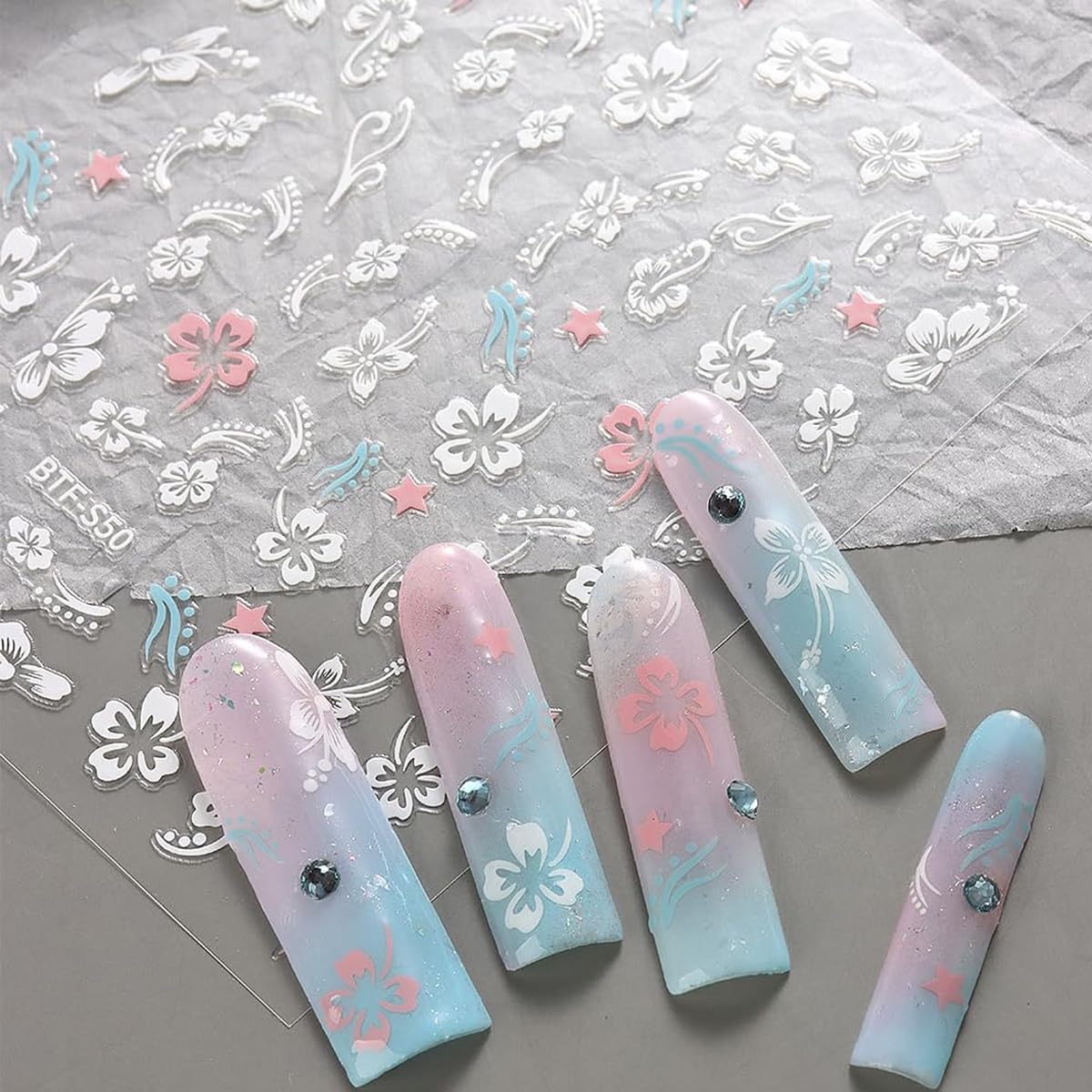 MAYCREATE Nail Stickers for Summer DIY Art featuring 6Pcs 3D Embossed Hibiscus Design | Women