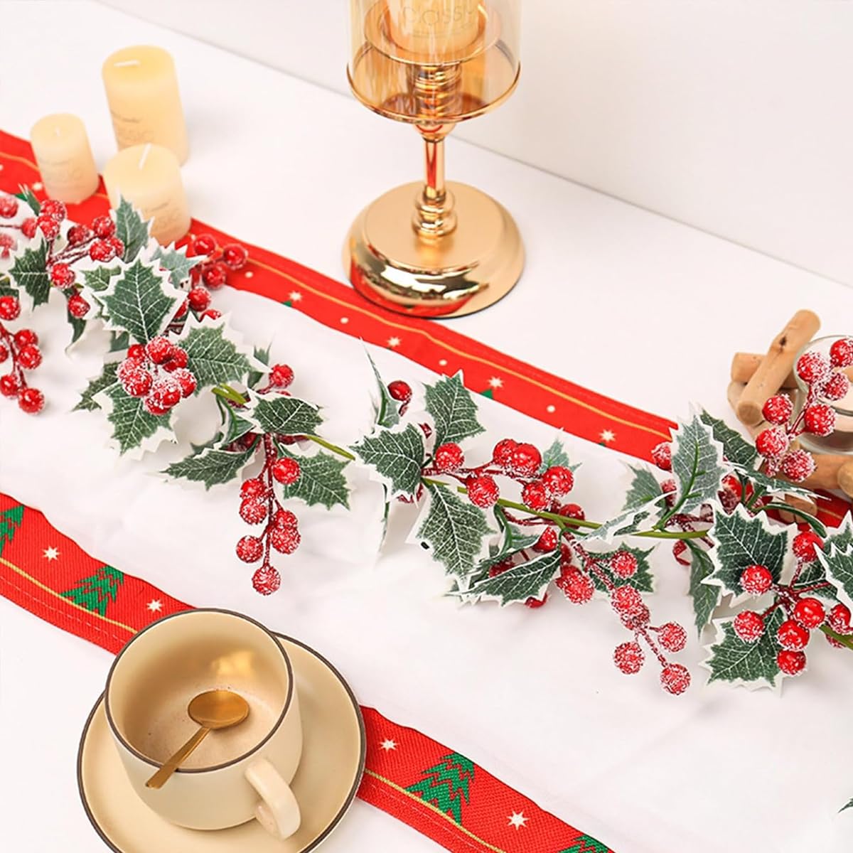 HASTHIP Christmas Berry Garland for Fireplace Mantel and Stair Decor with 5.7ft Vine | Frosted Red Berries and Green Holly Leaves
