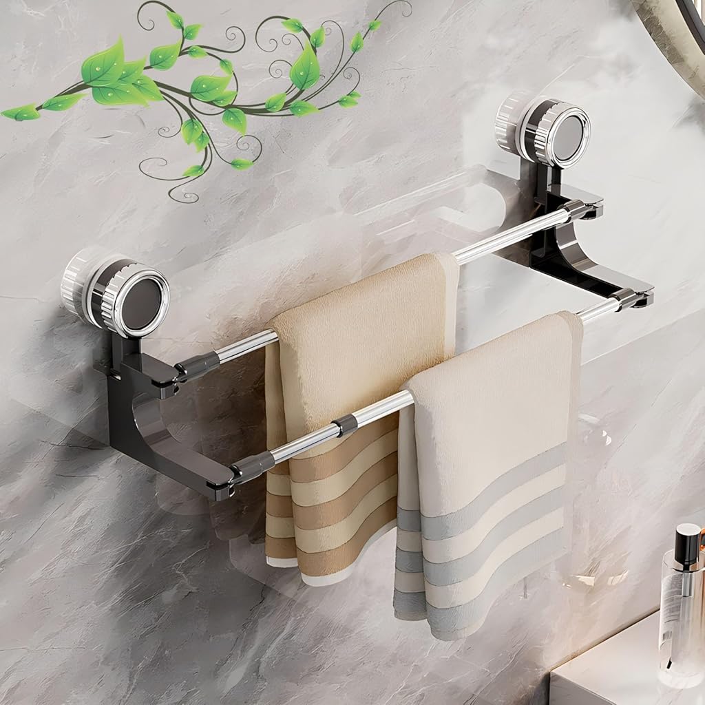 HASTHIP Retractable Towel Rack 30-70cm, No Drill Strong Suction Corner-Fit, Double Layer Stainless Steel Multipurpose Wall Organizer for Bathroom, Kitchen, Shoes, Pot Lids & Dish Cloths