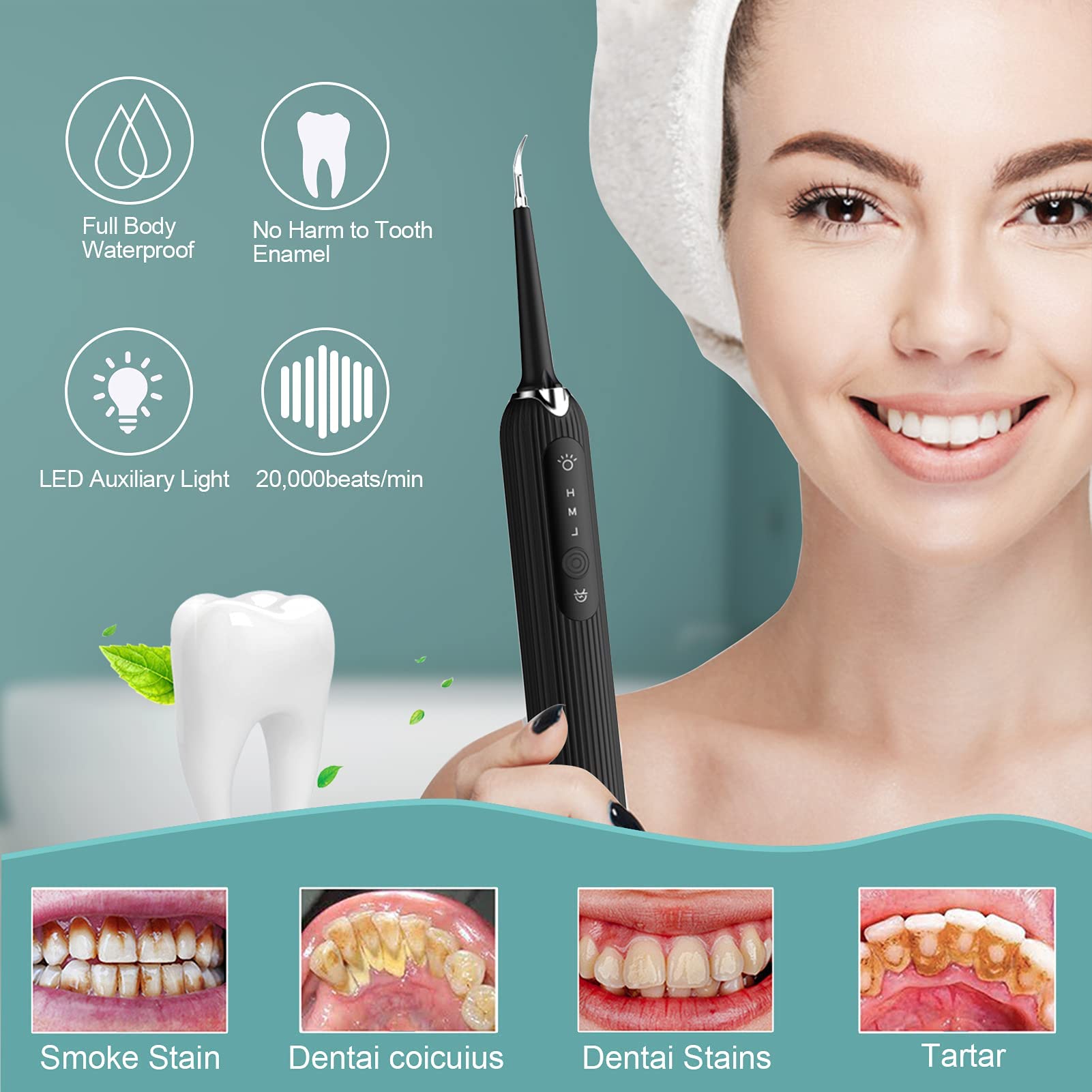 HANNEA Teeth Cleaner Kit with 3 Modes and 4 Heads featuring Sonic Vibration & LED Light