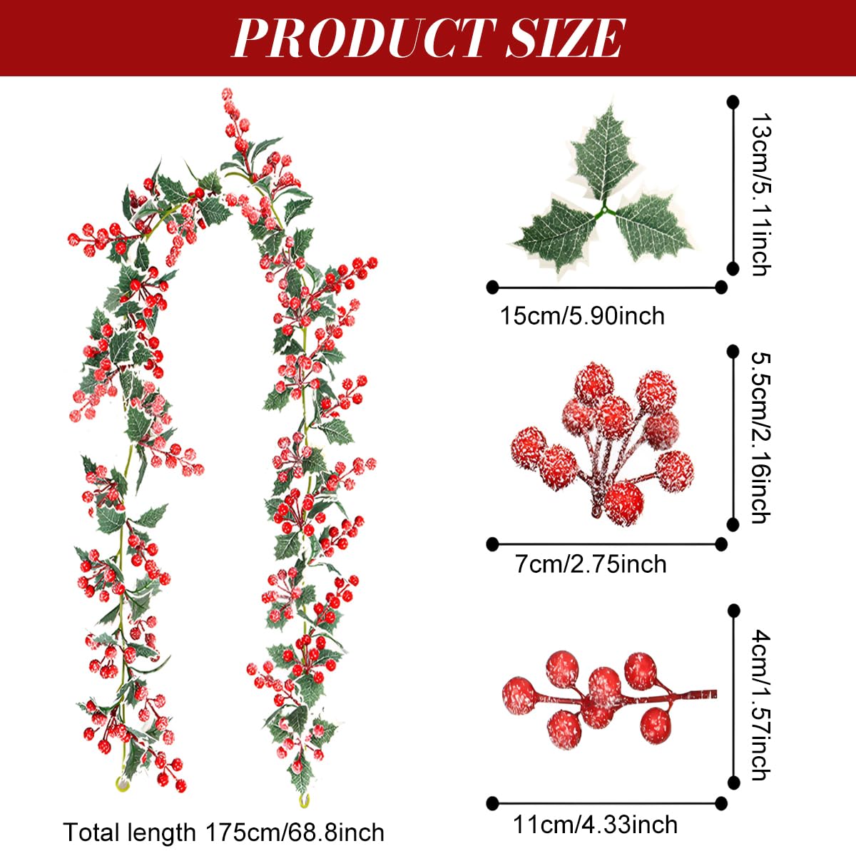 HASTHIP Christmas Berry Garland for Fireplace Mantel and Stair Decor with 5.7ft Vine | Frosted Red Berries and Green Holly Leaves