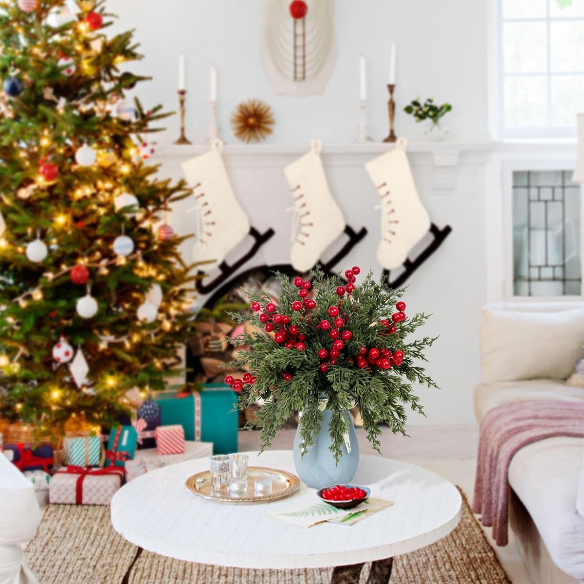 HASTHIP Christmas Pine Branches Set for DIY Decor featuring 35 Pine and 10 Berry Stems