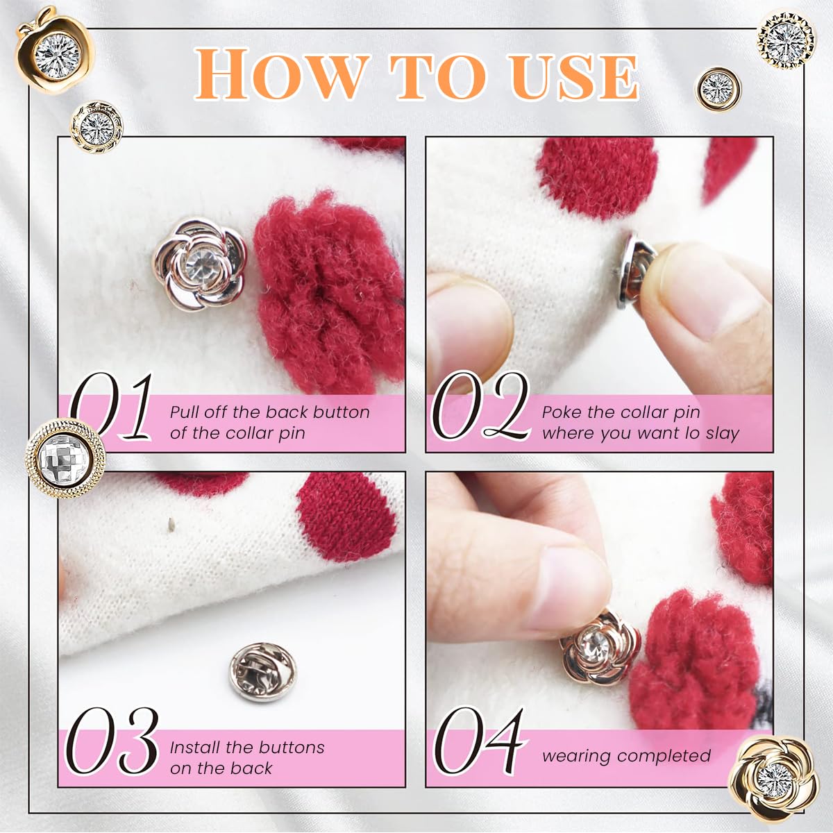 SANNIDHI Brooch Buttons for Clothes featuring 50 Pairs with Latch Pin Design and Rhinestone Alloy | No Sew Detachable Shirt Accessories