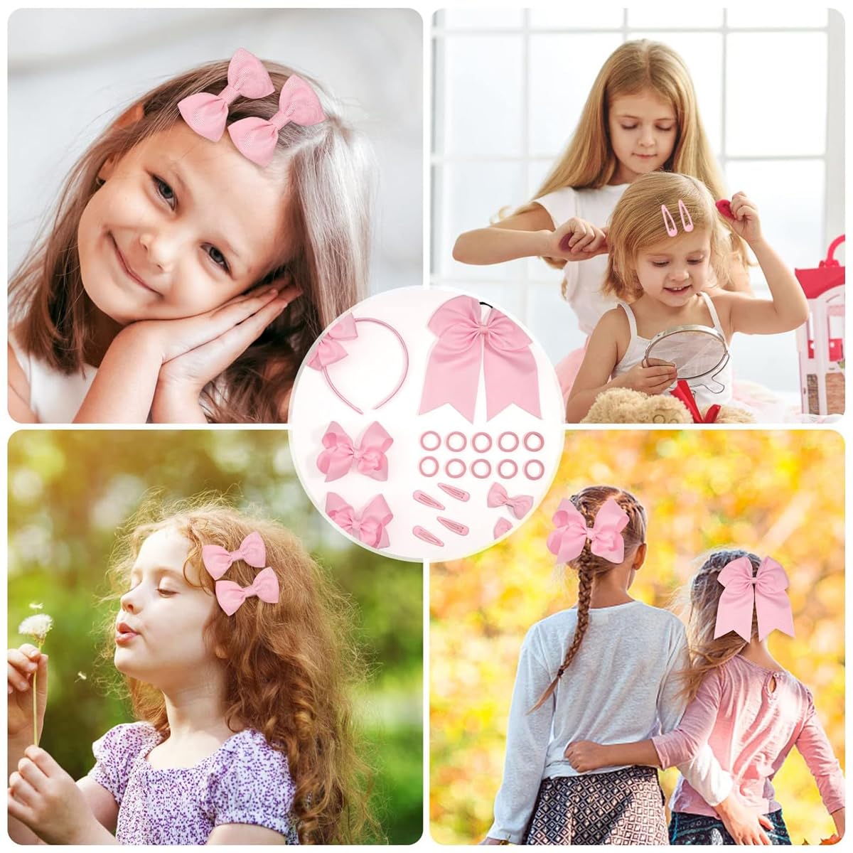 PALAY Bow Hairband 20pcs Set for Kids featuring Bowknot Clips and Pink Hair Ties | Girls Accessories