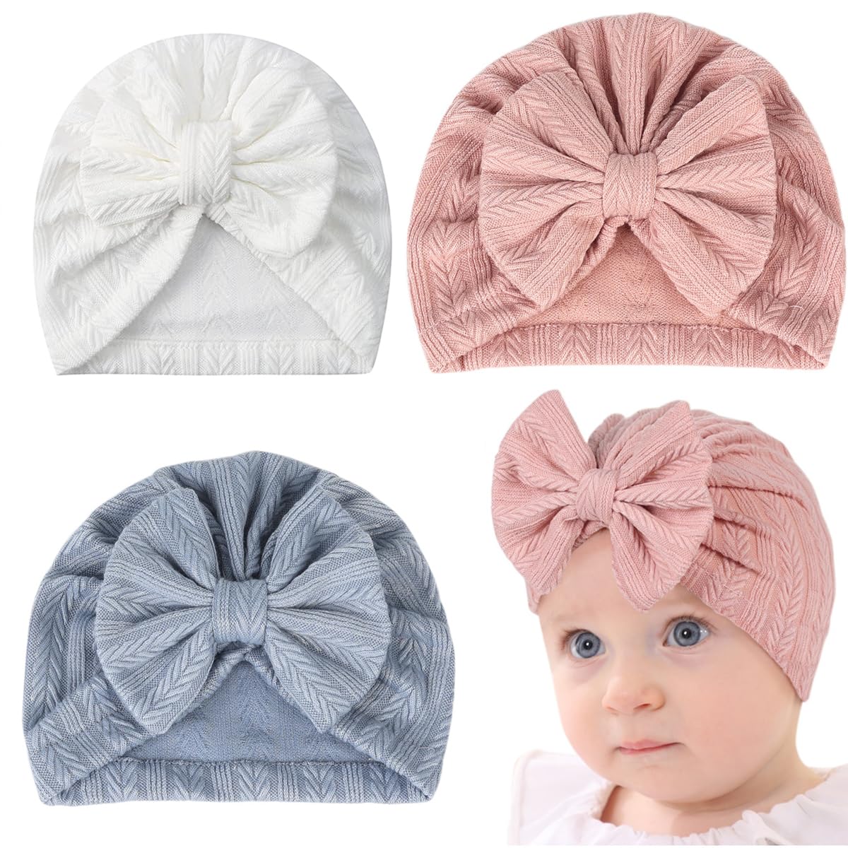 PALAY® 3 Pack Caps for Baby Girl Boy, Stretchy Baby Cap Soft Warm Beanie Infant Baby Hat for Newborns, Lovely Bow Turban Cap for Baby Girl 3-18 Months Shower Gift