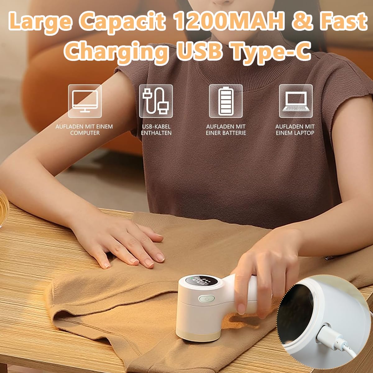 HANNEA Rechargeable Fabric Shaver for Clothes and Furniture with 6 Stainless Steel Blades | 3-Speed Digital Lint Remover