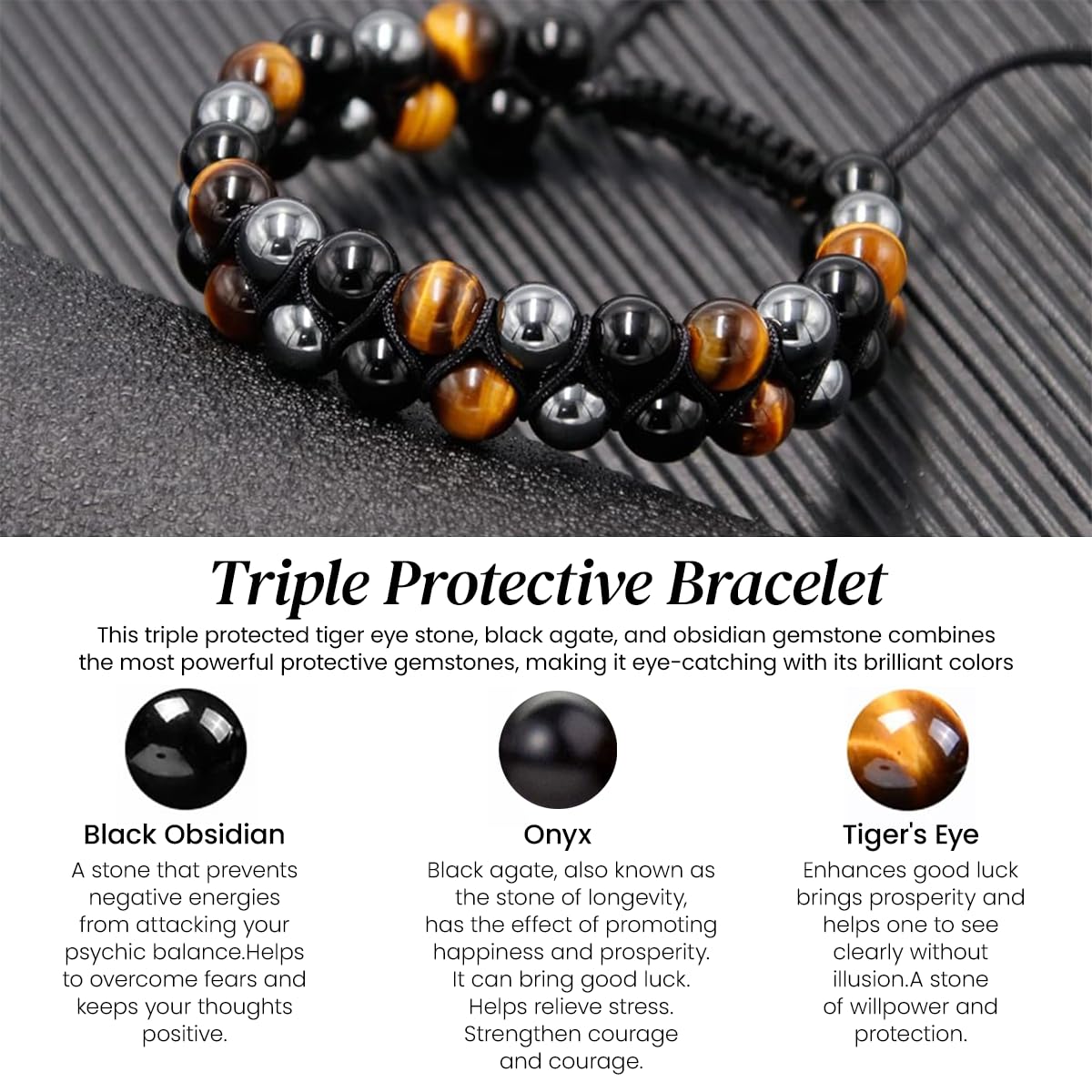 Venzina® Beads Bracelet for Women, Men Stylish Hematite Black Obsidian Tiger Eye Stone Bracelet, Natural Agate Beads Round Healing Crystal Bracelets for Triple Protection, Good Luck & Success, 8mm - 1