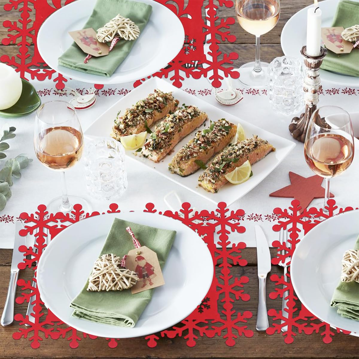 HASTHIP Christmas Placemats Set for Holiday Dining with 3mm Felt Snowflake Design | Red Decor