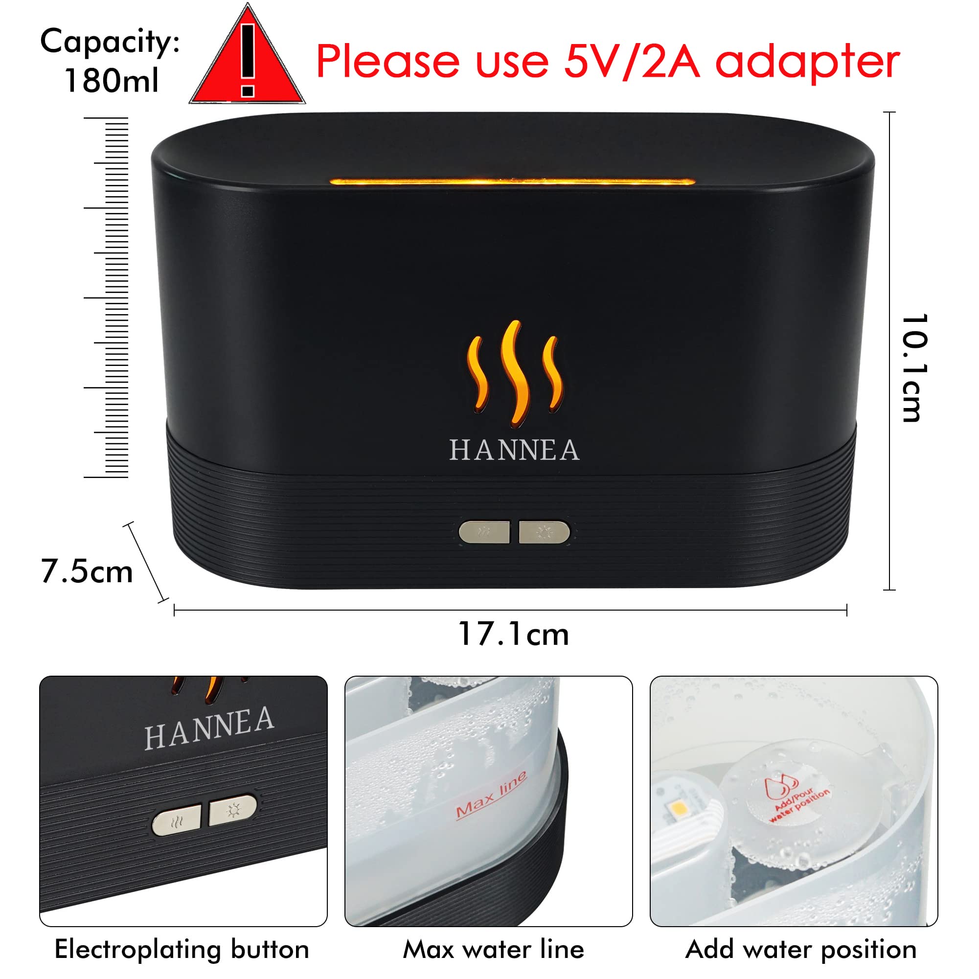 HANNEA  Moisture Essential Oil Permitted 180ML Air Humidifier for Bedroom with Flame Light, Ultrasonic Cool Mist Car Humidifier with Flame Light, Desktop Humidifier, Auto Shut-Off Protection