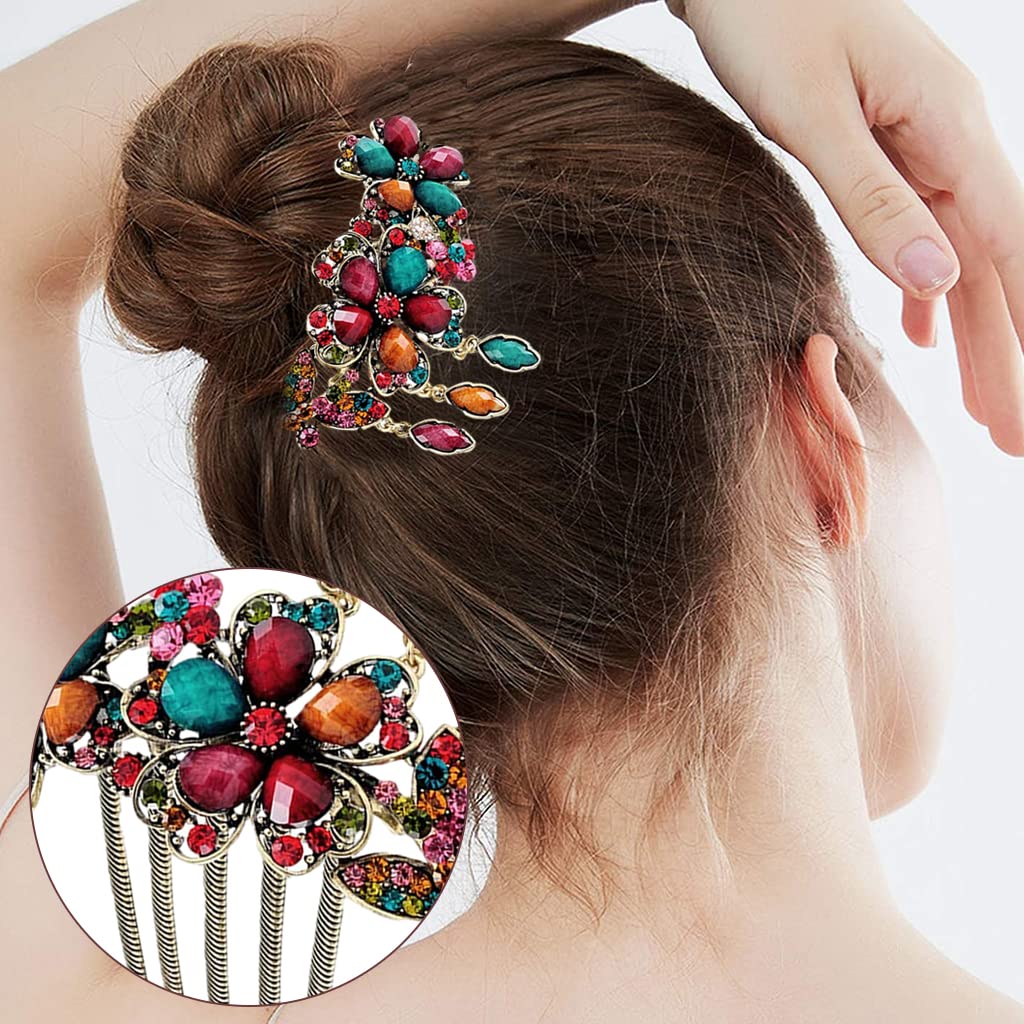 PALAY Women Hair Combs for Bridal and Daily Use with Rhinestone Flowers and 9.5cm Size | Retro Alloy Plating Hairpin