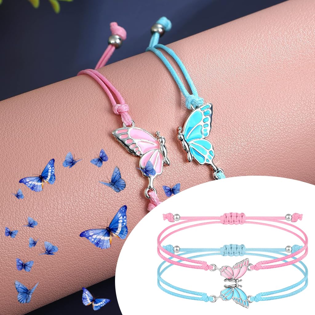 ZIBUYU Friendship Bracelets Butterfly Charm Bracelets Adjustable Rope Bracelets for Girls BFF Bracelets Fashion Pink & Blue Friendship Bracelets Jewelry Gifts for Girls, Friends, Sisters