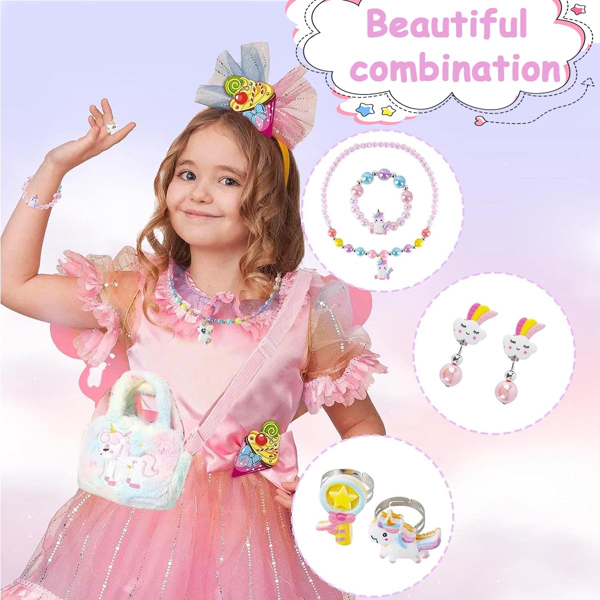 Venzina® Unicorn Crossbody Bag with Jewelry Set for Girls, Princess Plush Handbag Purse Beads Necklace Bracelet Earrings Rings and Stickers Kit, Kids Jewellery Party Dress up Gift