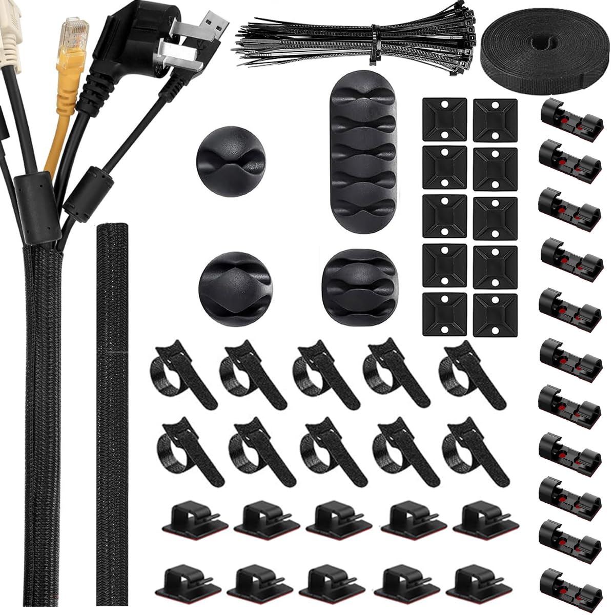 HASTHIP Cable Organizer Kit for Home and Office with 147pcs Accessories | Includes 34 Self Adhesive Clips and 2 Cable Sleeves