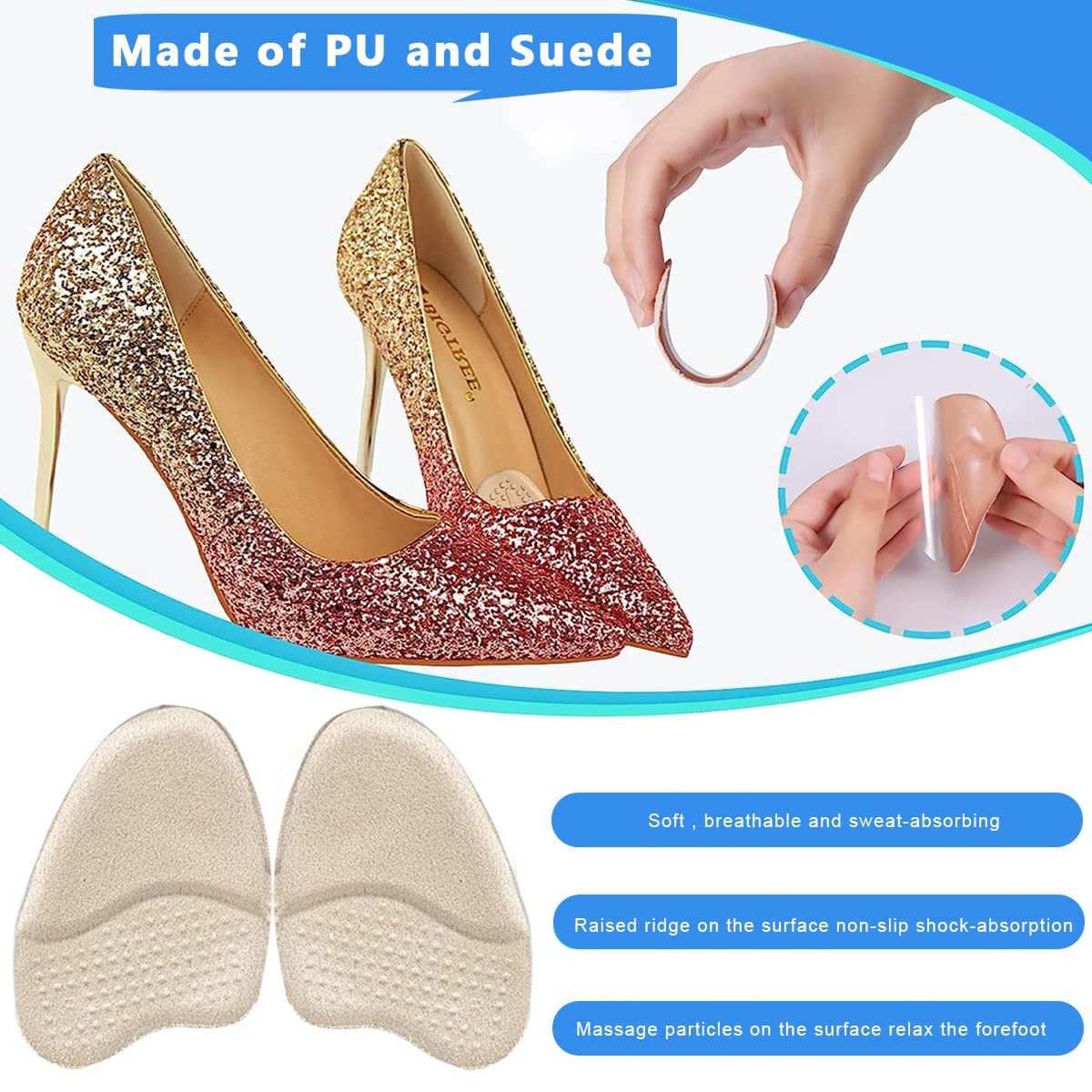 PALAY Forefoot Insoles for Metatarsal Support with Anti Slip Dots and 3 Pairs 14×9cm | Gel and Suede Cushions for Foot Pain Relief